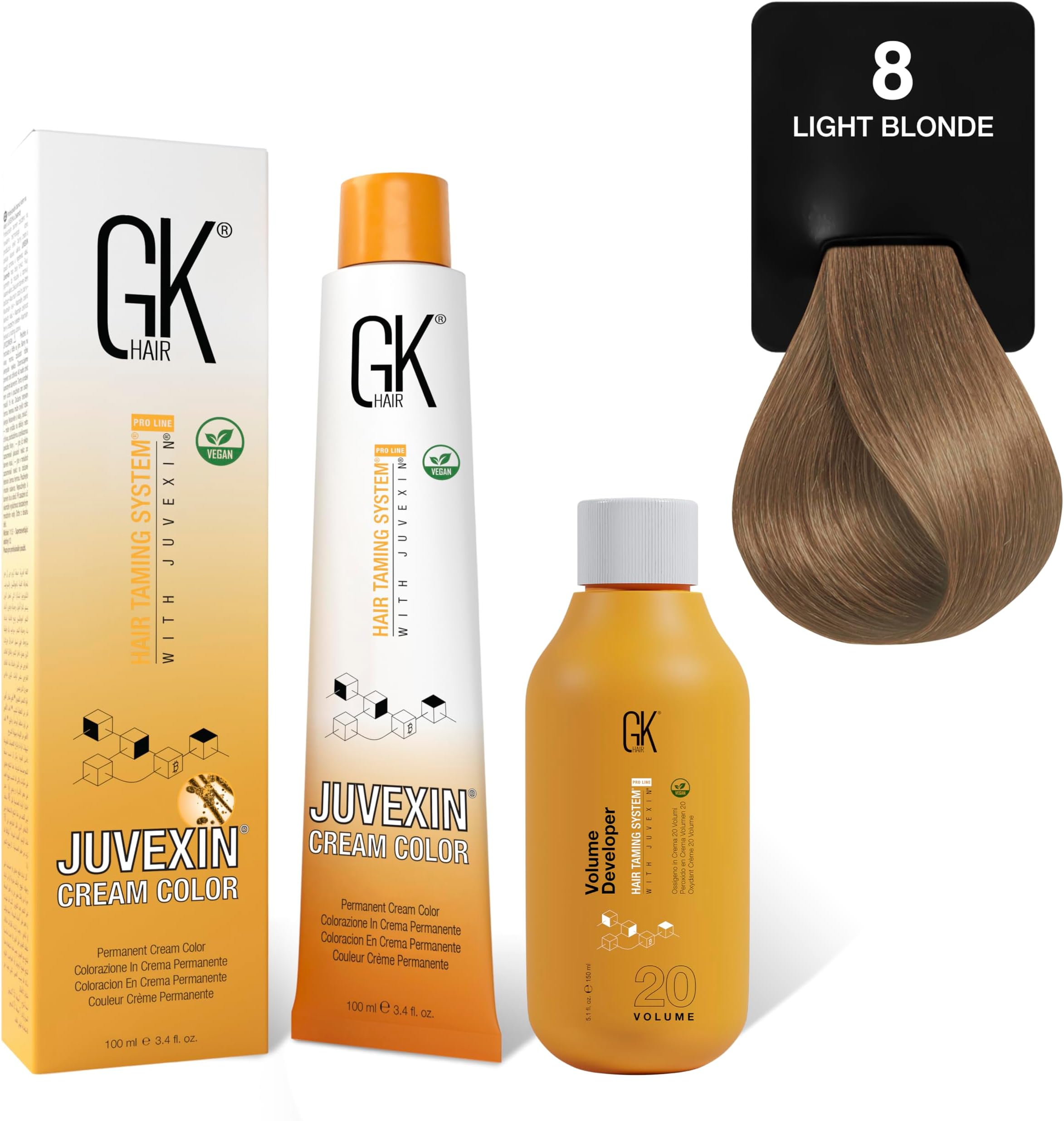 Global Keratin Natural 8 Light Blonde Hair Color Cream Tube (3.4 Fl Oz/100ml) + 20 Volume Developer (5 Fl Oz/150ml) - Professional Permanent Long Lasting Toner Dye
