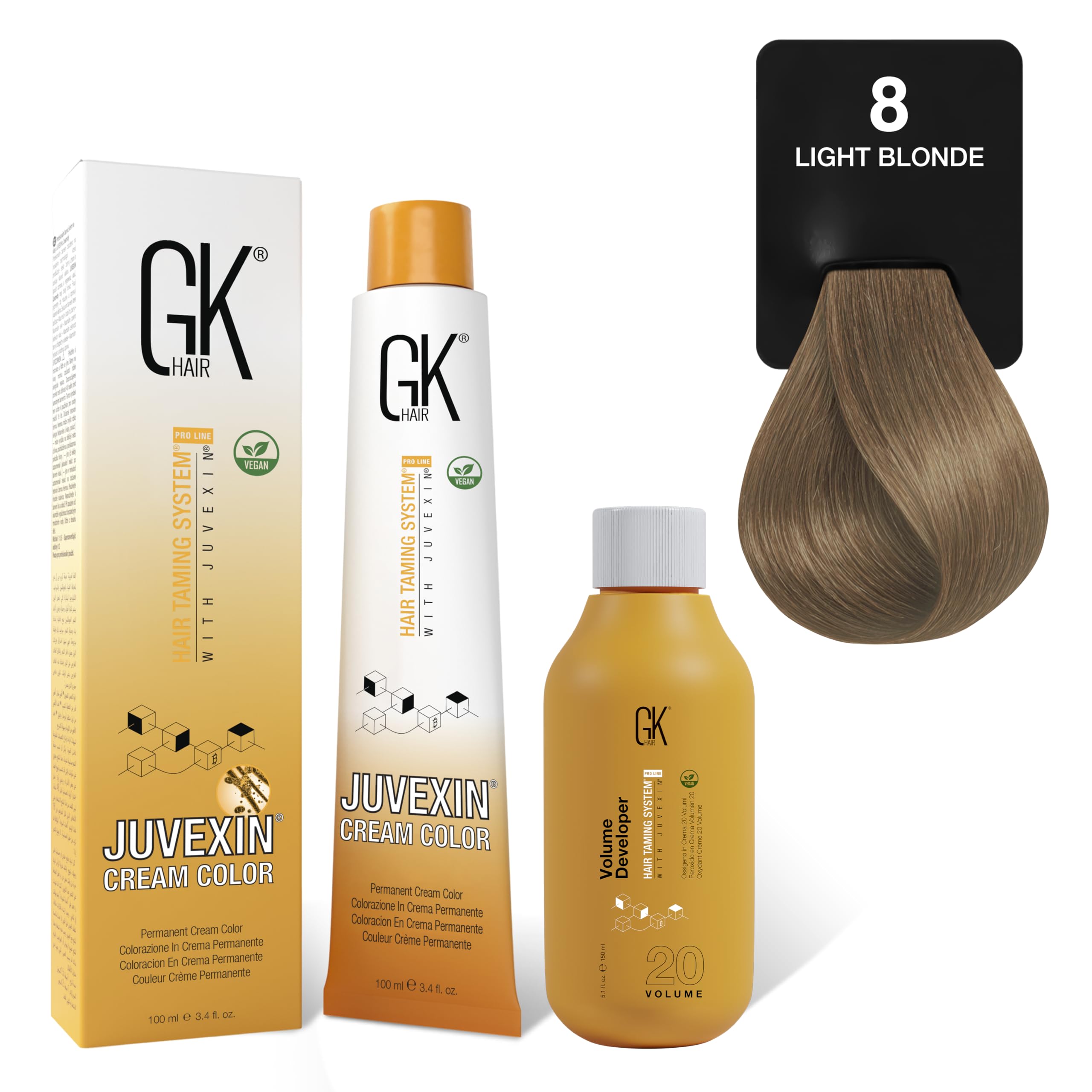 GK HAIR Global Keratin Natural 8 Light Blonde Hair Color Cream Tube (3.4 Fl Oz/100ml) + 20 Volume Developer (5 Fl Oz/150ml) - Professional Permanent Long Lasting Toner Dye