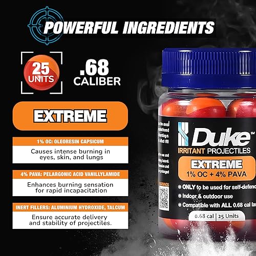 Miniatura 4 de Duke Extreme - Bolas de aerosol OC de calibre 68 no letales, bolas de defensa personal en espray de pimienta, bolas de spray de pimienta, bolas de