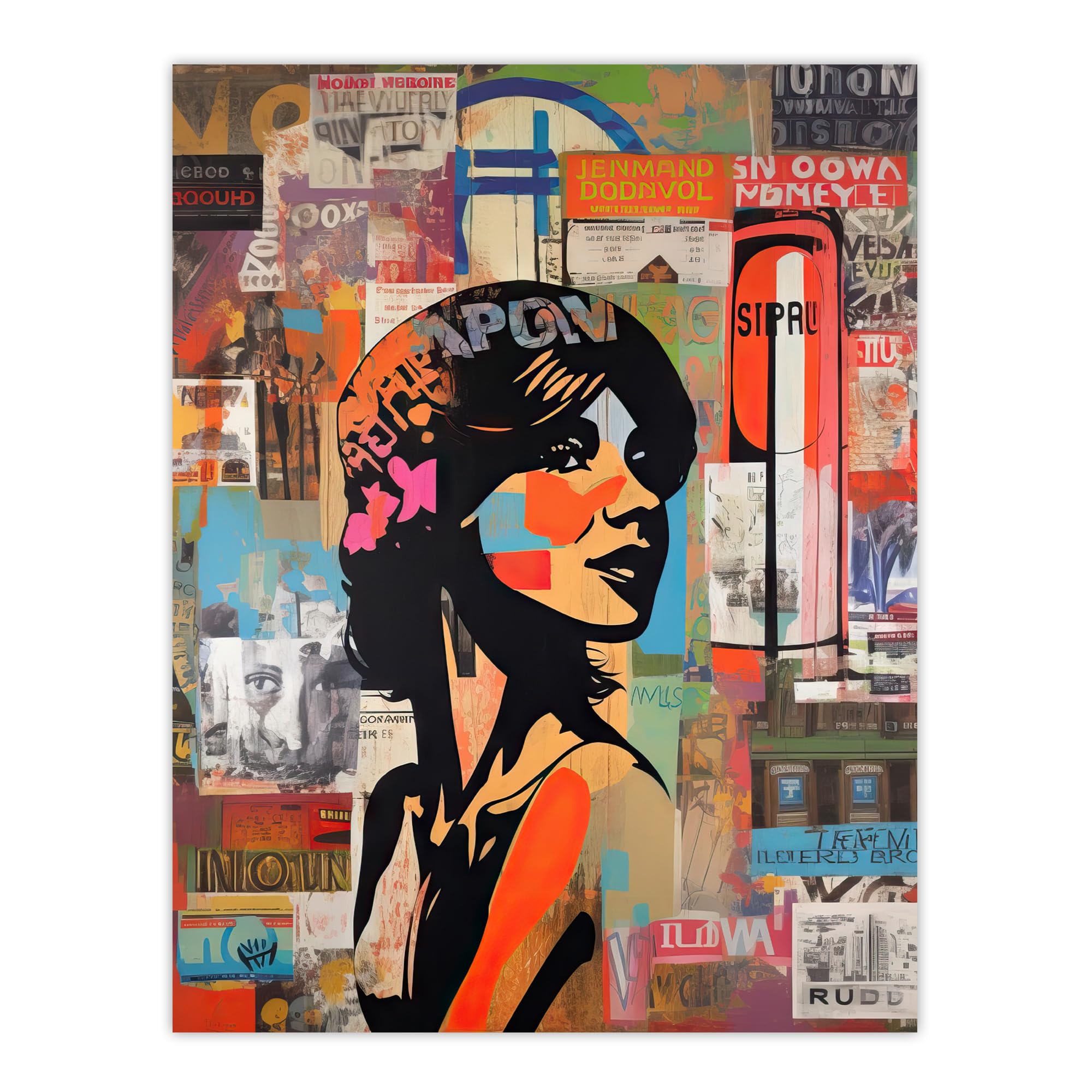 Artery8 Stencil On City Poster Wall Young Woman Portrait Over Flyposter Adverts Vibrant Colourful Bold Pop Art Modern Painting Extra Large XL Wall Art Poster Print