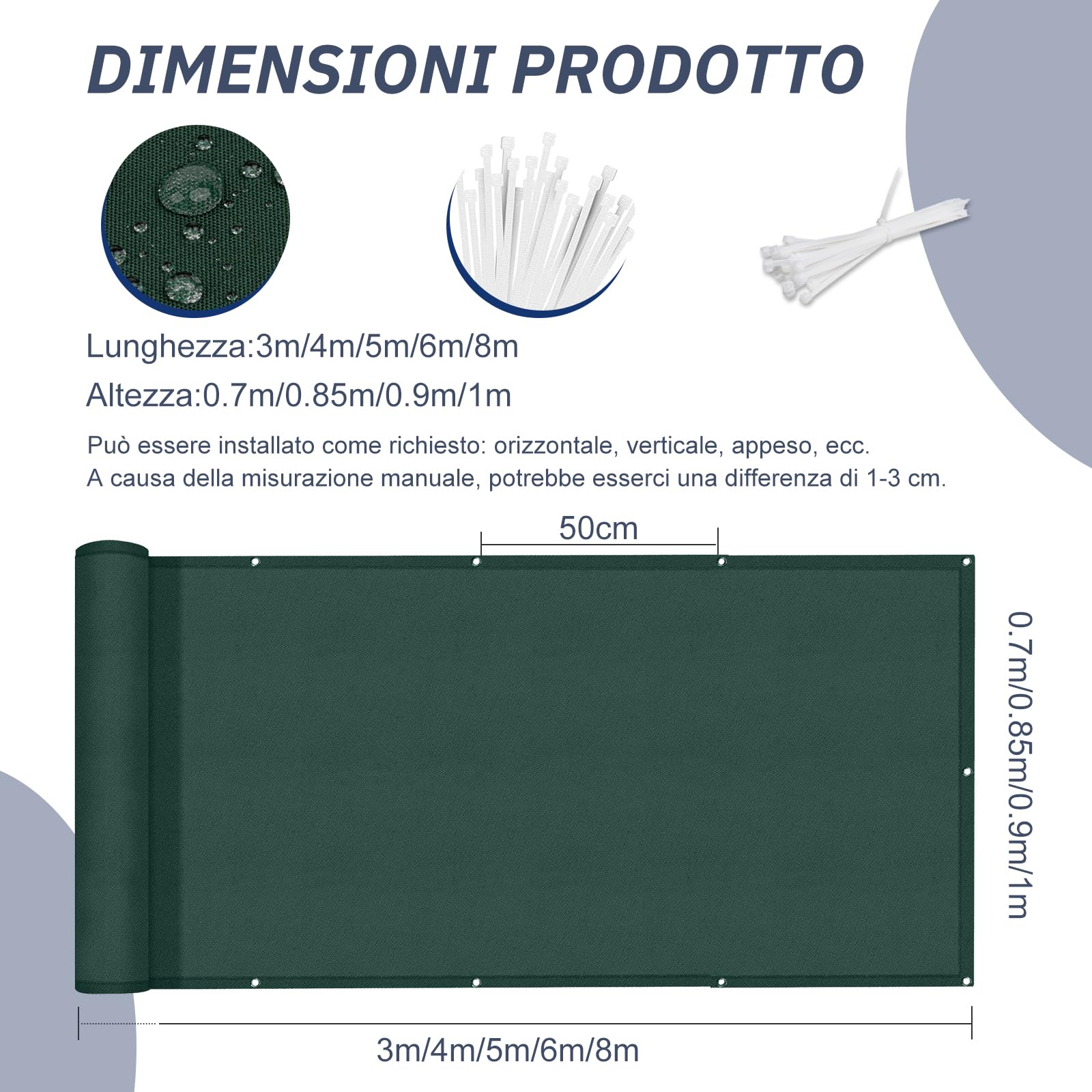 HENG FENG Frangivisto Balcone 0.9x8m, PES Impermeabile Copri ringhiera Balcone, UV-Resistente, Protezione della Privacy, con Cinghie, Verde