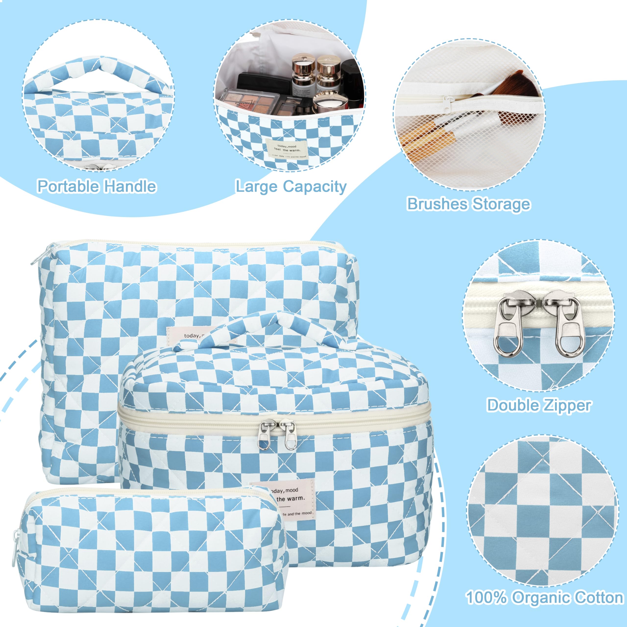 TESAFNG Juego de 3 bolsas de maquillaje acolchadas, bonitas bolsas de maquillaje de algodón floral, bolsa grande de cosméticos estética, bolsa organizadora de artículos de aseo de viaje con flores