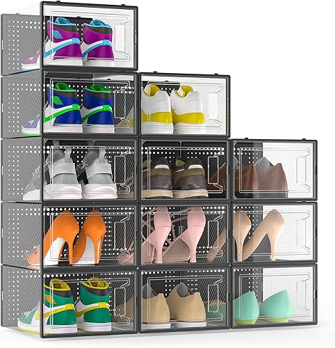 Paquete de 12 cajas grandes organizadoras de zapatos para armario, cajas de zapatos modulares que ahorran espacio, contenedores apilables de