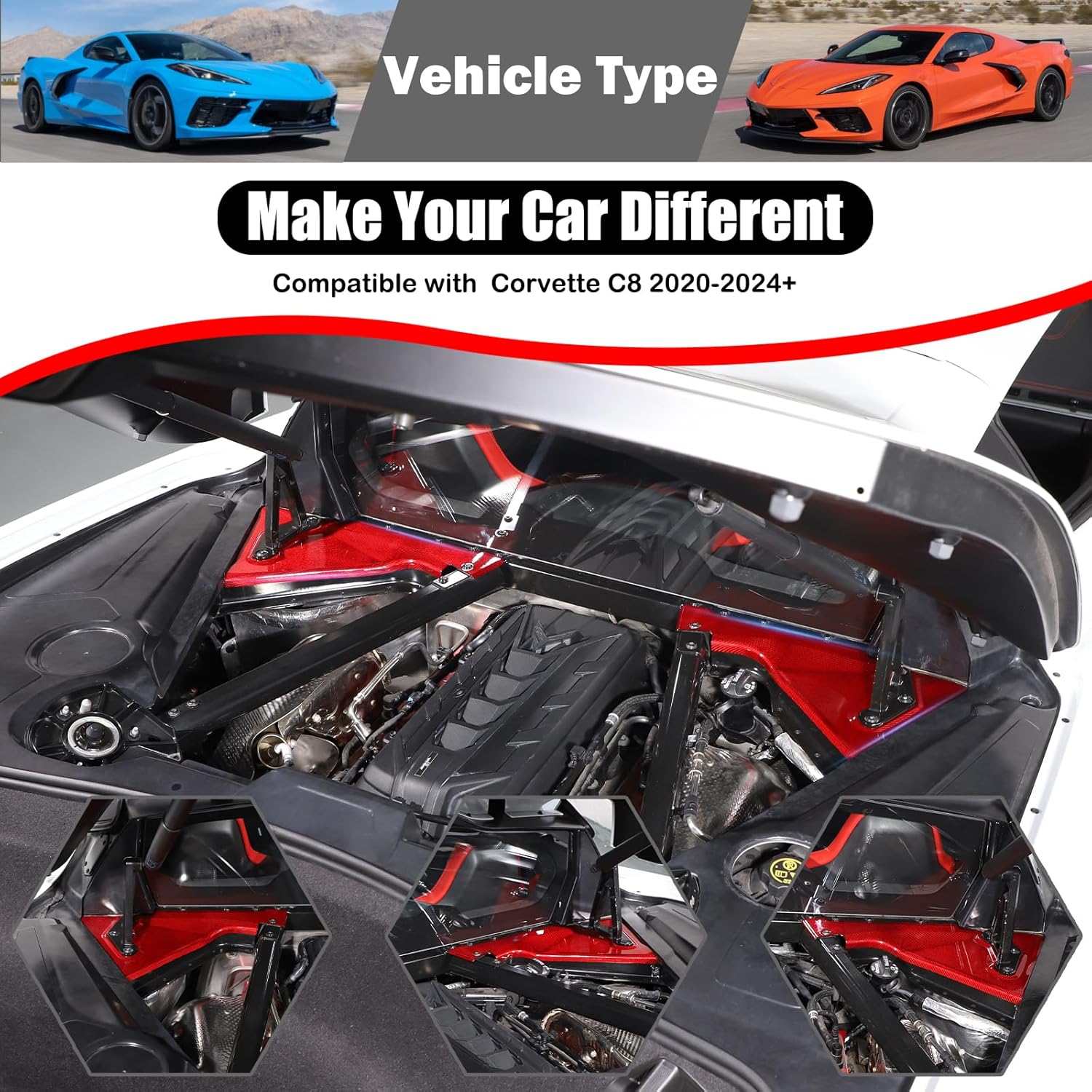 Dry Carbon Fiber Engine Bay Panel Cover Compatible with Chevrolet Corvette C8 Stingray 2020-2024, Front Hood Lift Supports Shock Struts Base Trim Cover C8 Corvette Accessories (Red)