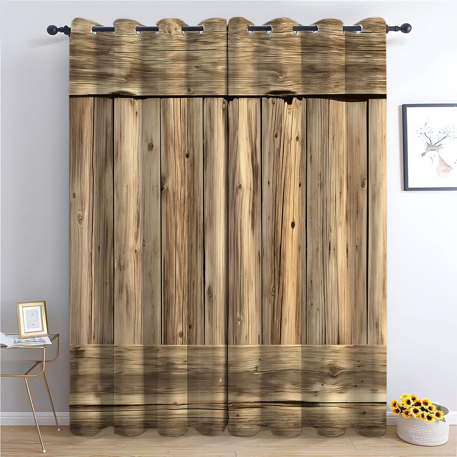 2 Pièce Rideau À Oeillets Réduction Du Bruit Rideaux Planches de bois vieilli de vieille grange Rideau Occultant Décor Moderne Pour Société Bureau Chambre À Coucher, Thème du village 280 X 260 cm