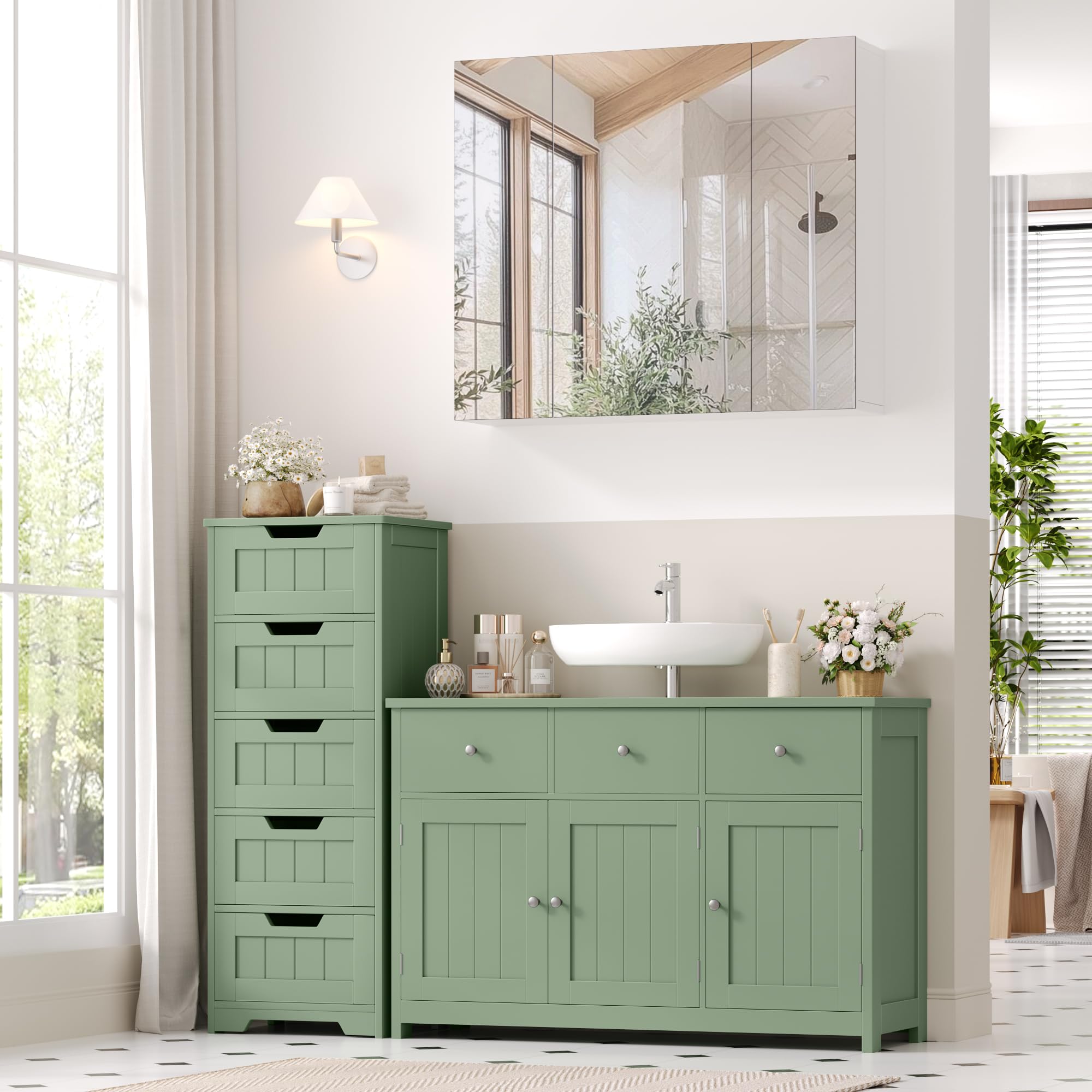 FOREHILL Meuble sous Lavabo 100cm, Meuble de Salle de Bain sous Vasque, Meubles de Salle de Bain Rangement avec 3 Portes 2 Tiroirs sur Pieds 100x30x61cm Vert