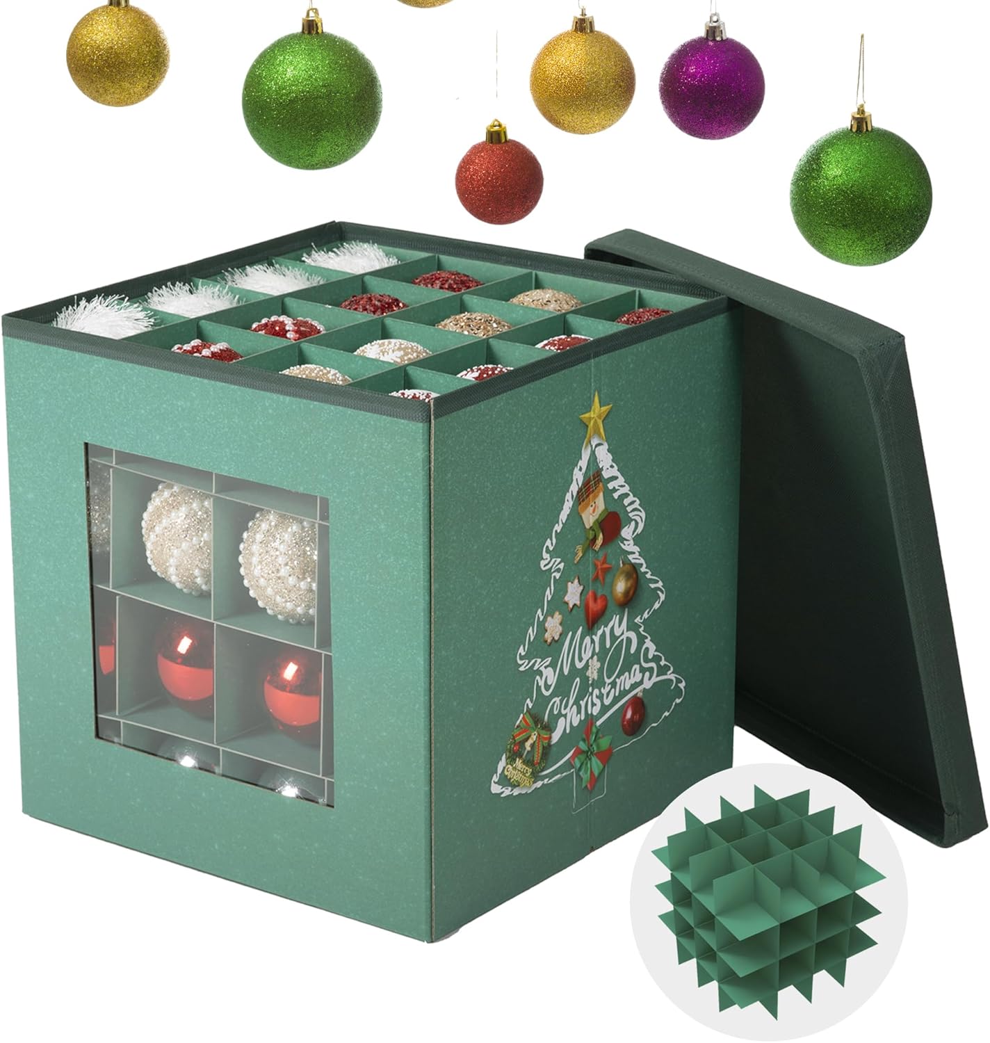 Christmas Ornament Storage Box with lid, Premium Waterproof & Dustproo, Holds Up to 64 Ornaments Decoration Balls, Adjustable Dividers, Large Foldable Storage Case for Sundries or Clothes