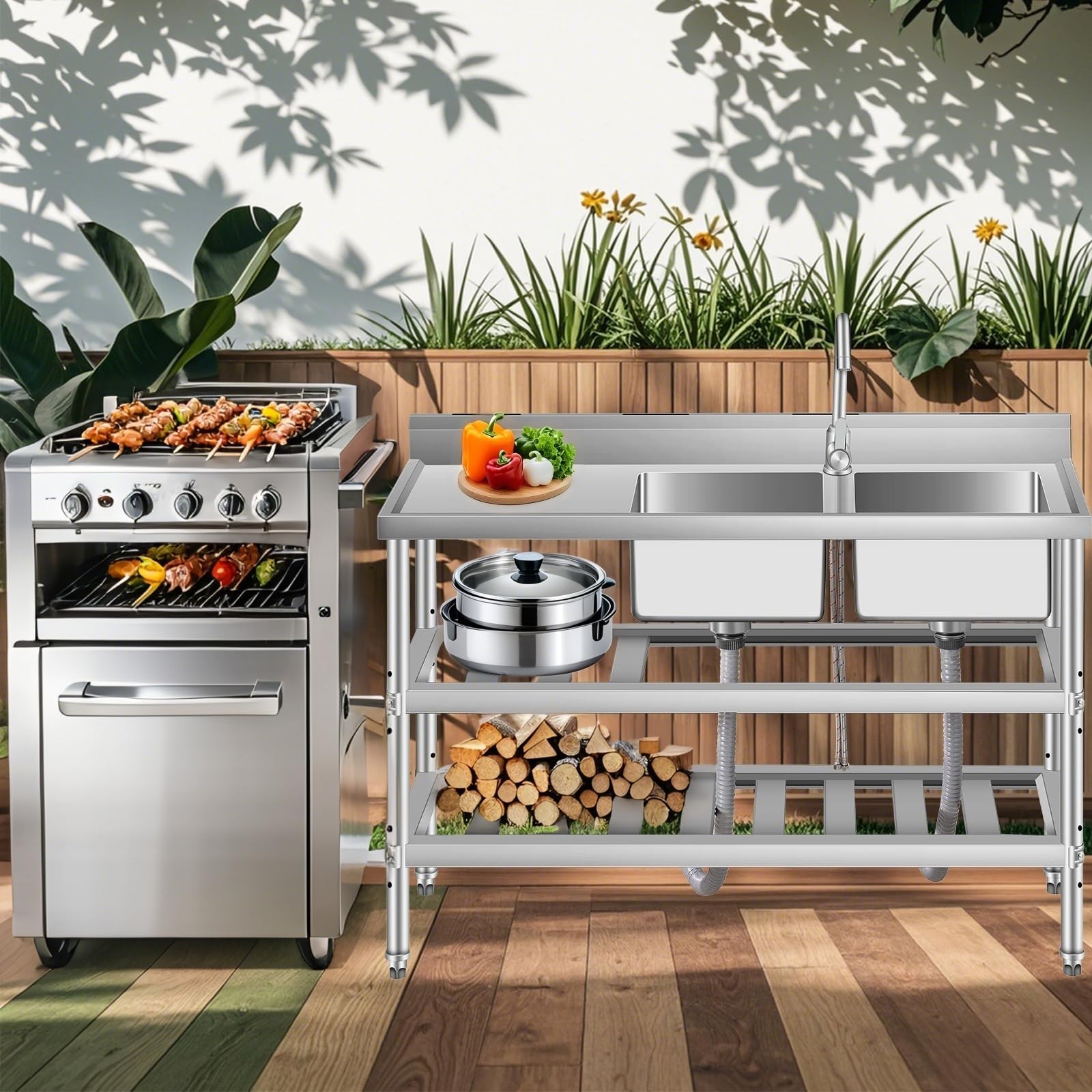 GarveeLife Freistehend Edelstahl Multifunktionswaschtisch, 120x45x82 cm | Freistehend mit großer Arbeitsfläche, geeignet für Waschküche, Garage sowie Hauswirtschaftsraum