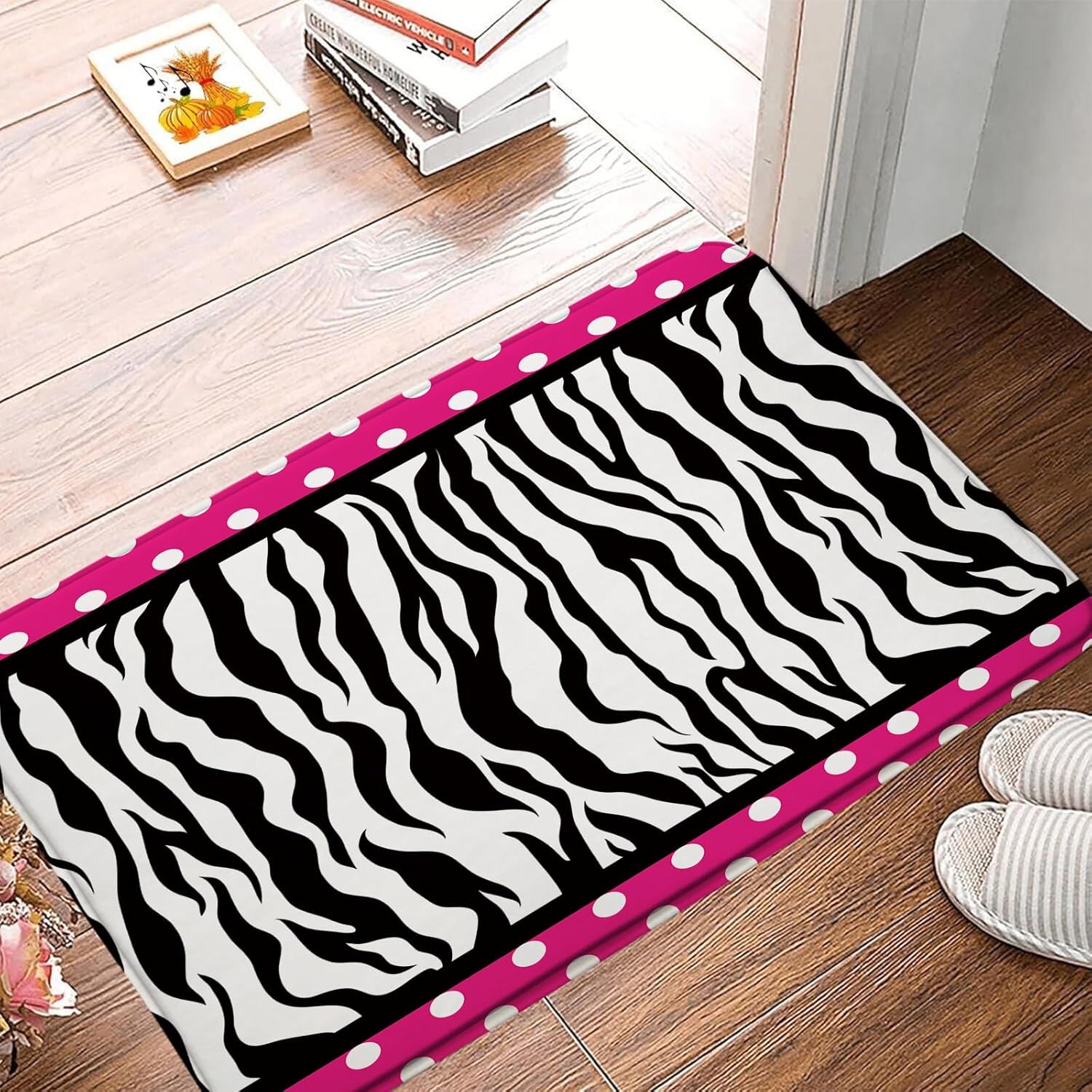 Sunhe Zebra Print Bath Mat Black White Zebra Stripe Polka Dot on Pink Creative for Girls Woman Modern Romance Memory Foam Home Office Door Bathroom Decor Mat,24"x70"
