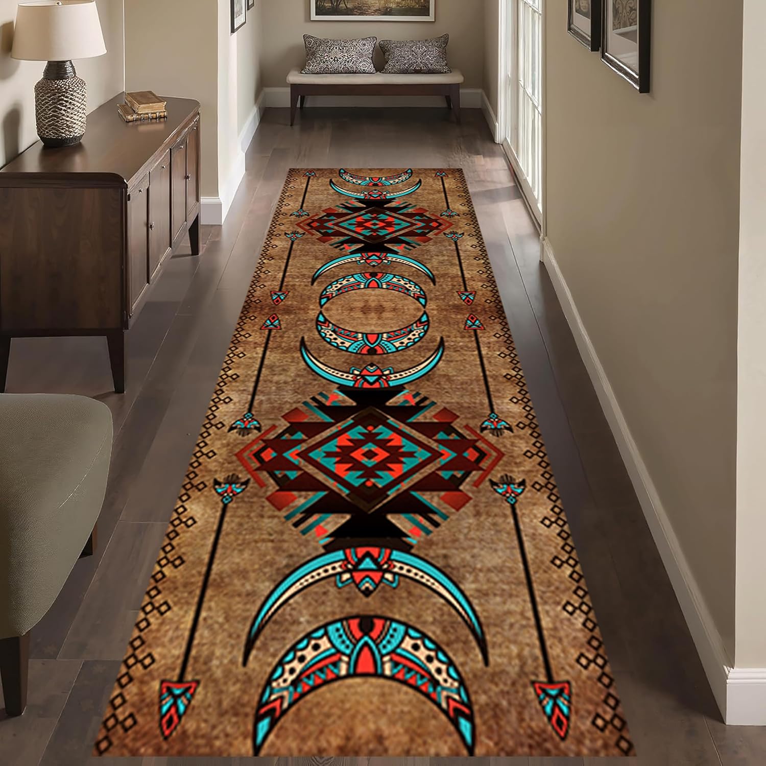 Native American Runner Rug, 2x6ft, Southwest Tribal Navajo Aztec Fancy Abstract Geometric Accent Rug, Low Pile Non-Shedding Cabin Decor Doormat Rugs for Hallway Farmhouse