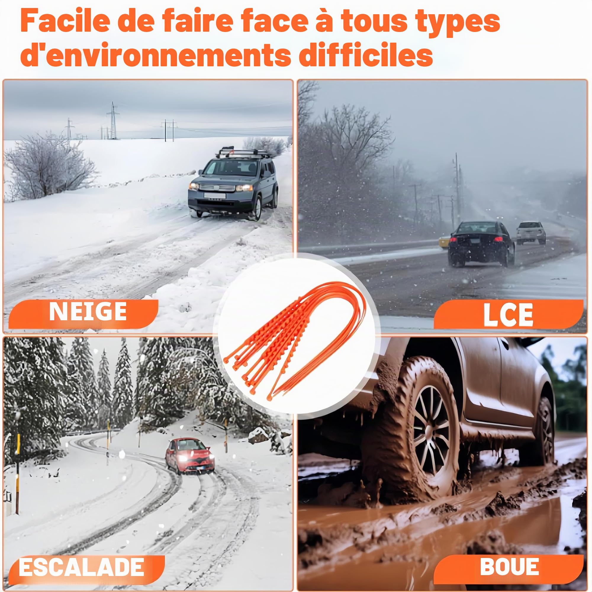 26 pièces Chaînes à neige universelles pour voiture Chaînes de pneus neige Chaînes de neige réutilisables Chaînes de pneus neige universelles Aide au démarrage d'urgence en cas de neige et de