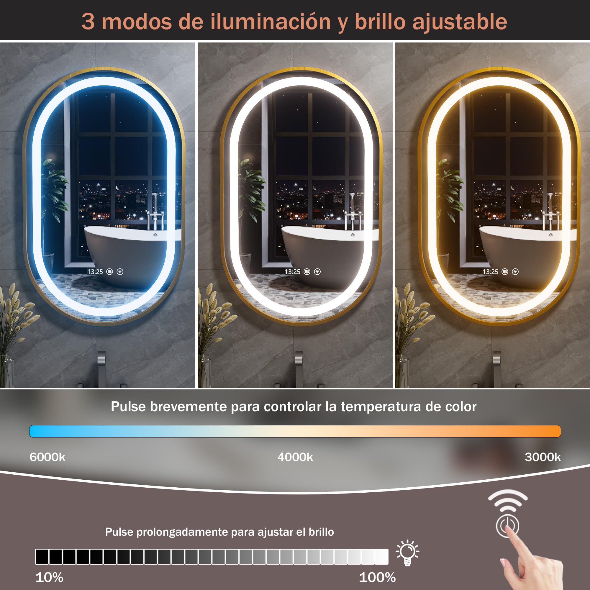 Espejo Baño con Luces y Función de Desempañado 50x80 cm Ovalada LED Espejo de Pared con Reloj y Pantalla de Temperatura para Baño (Enchufe- EU)