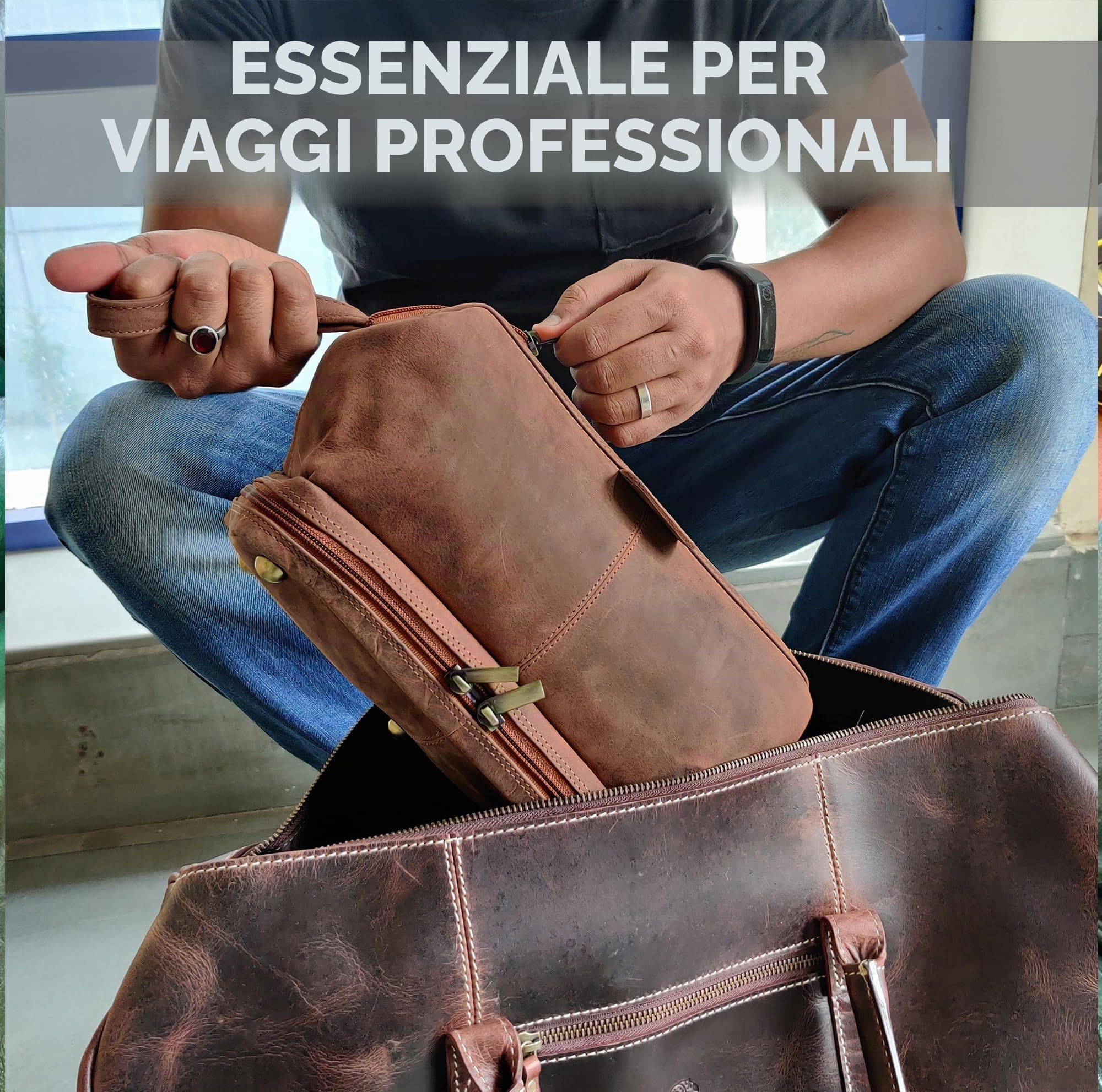 Beauty Case Uomo Pelle - Borsa da Toilette Viaggio Pelle Pieno Fiore | Doppio scomparto, tasca posteriore con zip, fodera impermeabile, organizer barba e profumo, accessori borsa da trucchi donna