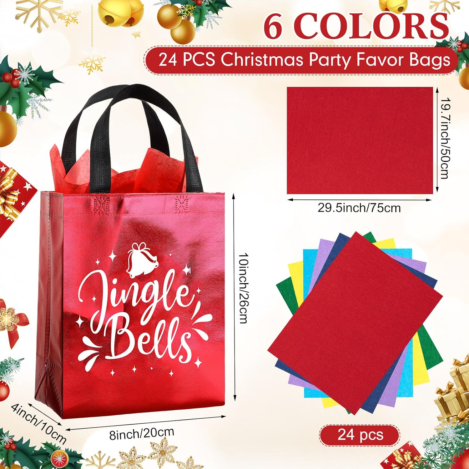 Wesnoy 24 Pieces Christmas Gift Bags with Tissues Metallic Shiny Goodie Bags Reusable Non Woven Gift Bag for Gifts Wrapping, Xmas Gifts Holiday Party Supplies(Multicolor,8 x 4 x 10 Inch)