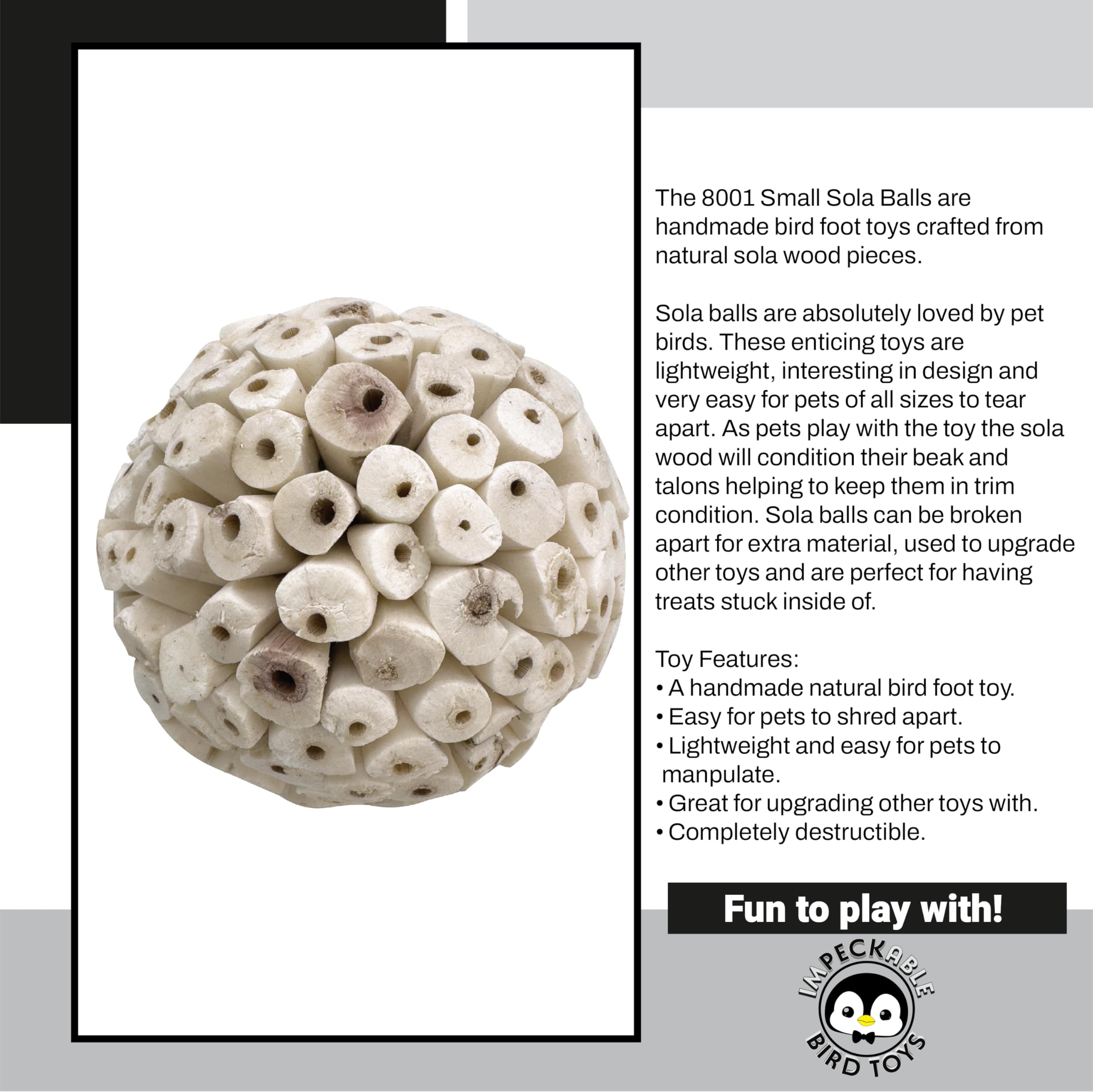 9001 Pk4 3.2 Inch Handmade Sola Wood Balls - Natural Bird Toys for Cage - Soft Shreddable Chewing Foot Toys for Cockatiel, Parakeet, Parrot & Conure - Safe Foraging Birdcage Accessories & DIY Parts - image 3