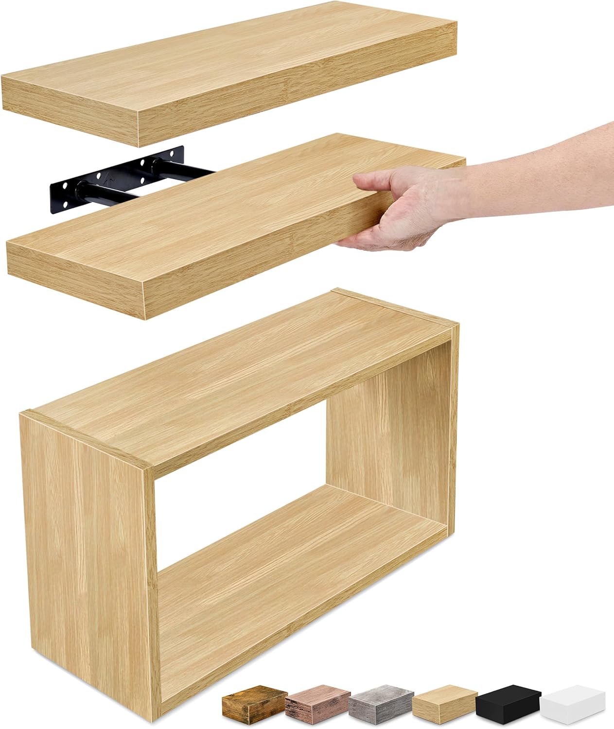 Sorbus Floating Shelves for Wall Set of 3 - Bathroom Shelves for Wall Storage, Over Toilet, Bedroom, Farmhouse, Decor - 2 Floating Shelves with Invisible Brackets & 1 Rectangular Box