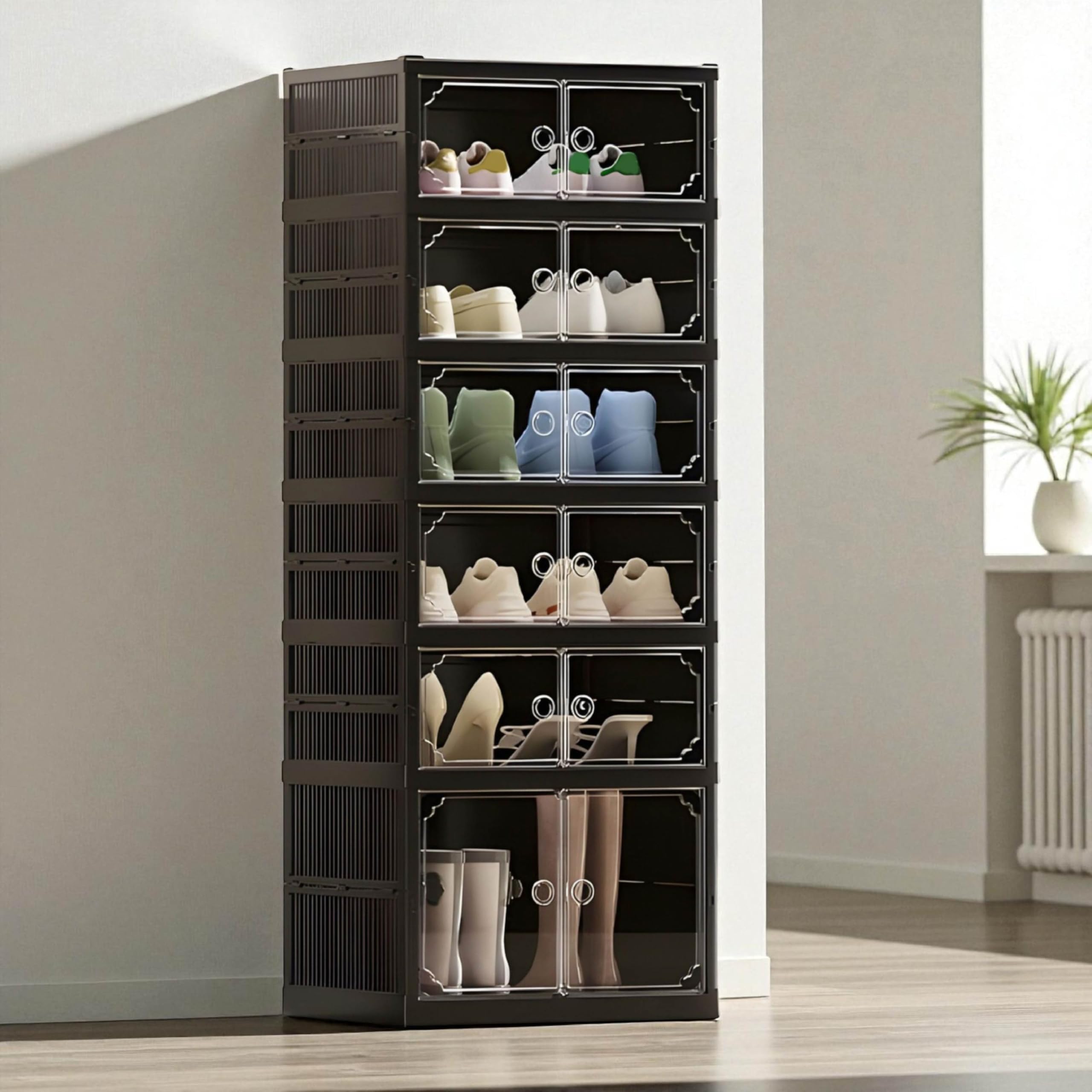 HomeStrap Shoe Stack Foldable Shoe Organizer with Wheels | Fits 12 Pairs | 6-Slot Shoe Rack with Clear Magnetic Doors | Dust & Moisture-Proof Multipurpose Storage for Entryways, Bedrooms (Black)