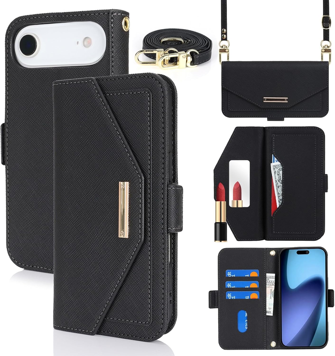 Crossbody Wallet for iPhone Air/17 Air Case with Strap Black Credit Card Holder,Shouler Lanyard, 6.6",PU Leather,Handbag Purse,Kickstand,Make Up Mirror Cover,for Women Girl