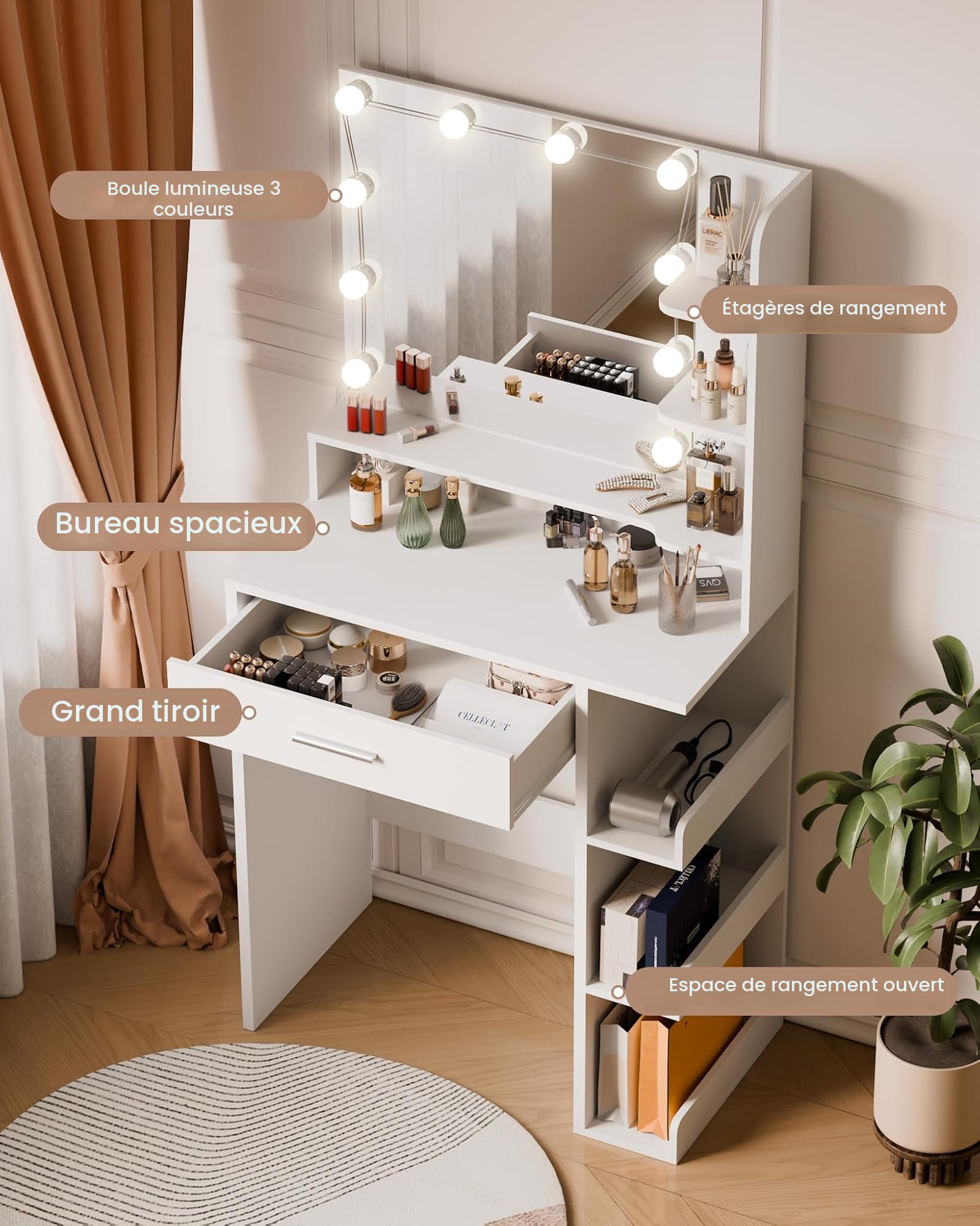 Mondeer Coiffeuse en Bois 10 LED, 7 Niveaux, 1 tiroir, Blanc, 67x36x138 cm | Structure bois solide. LED réglables. Largeur67 cm, idéal petit espace. 7 étagères, 1 tiroir cosmétiques, bijoux.