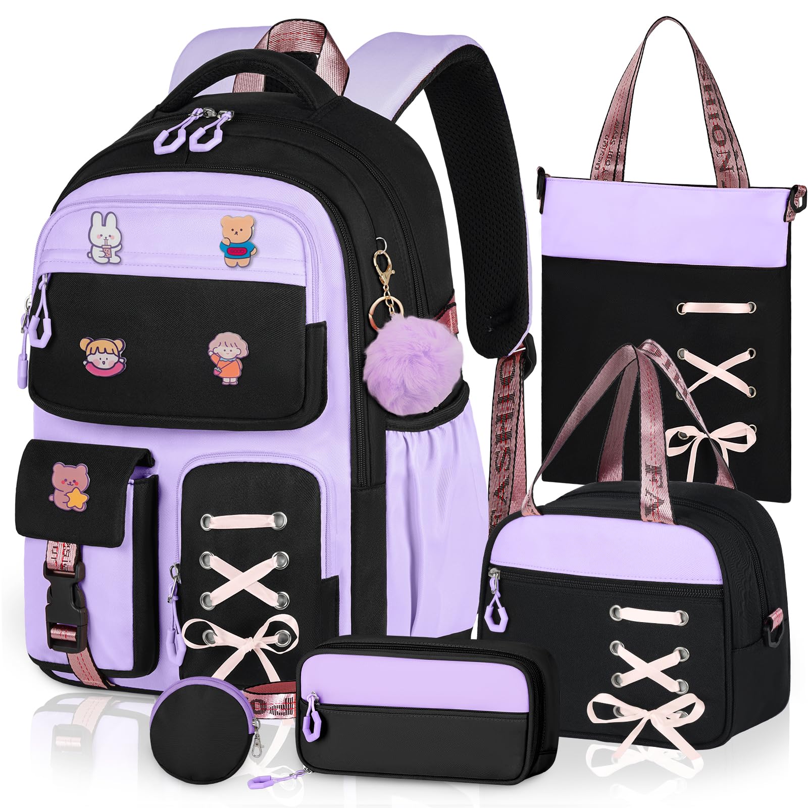 Photo 1 of Aomutrsn Girls Backpack Set - 5 Pc Purple Black