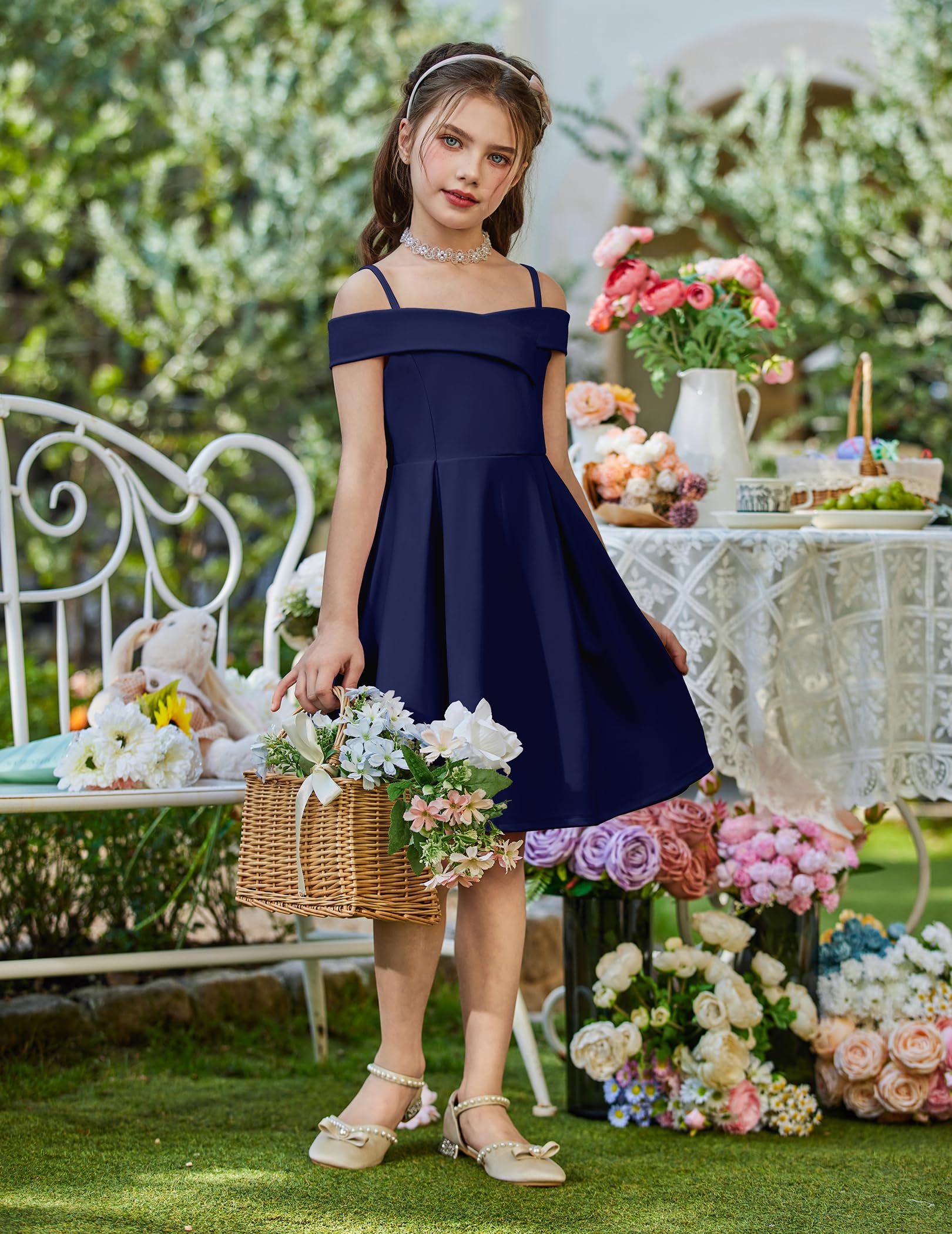 Arshiner Mädchen Kleid Schulterfrei Spaghettiträger Kinderkleid Ärmelloses Festliches Trägerkleid Sommer Partykleid Elegant Abendkleid für Mädchen 5-14 Jahre - 5