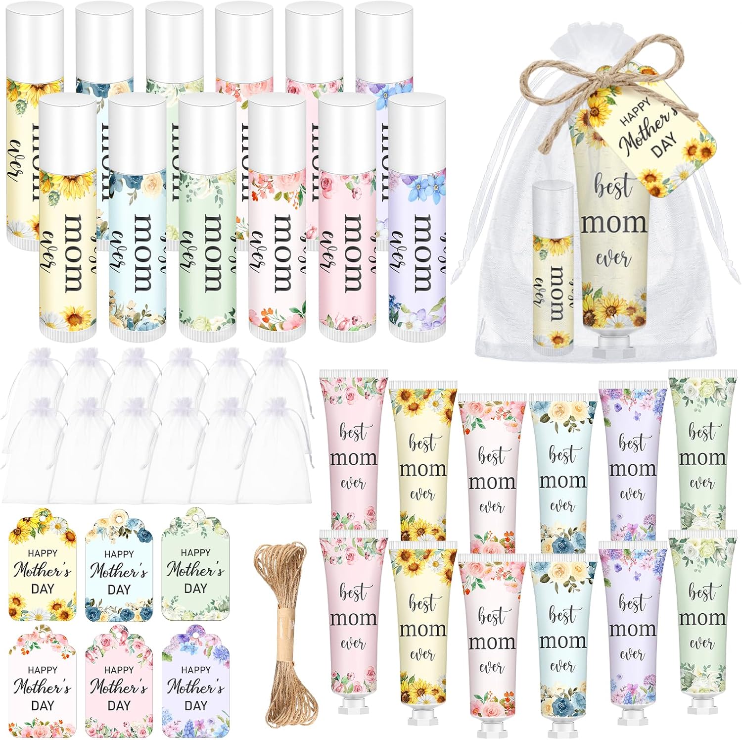 12 Sets Best Mom Ever Mothers Day Church Gifts Bulk for Women Hand Cream and Lip Balm Set with Organza Bag Thank You Card Mother Gifts Bag Stuffers for Mom Church Gift