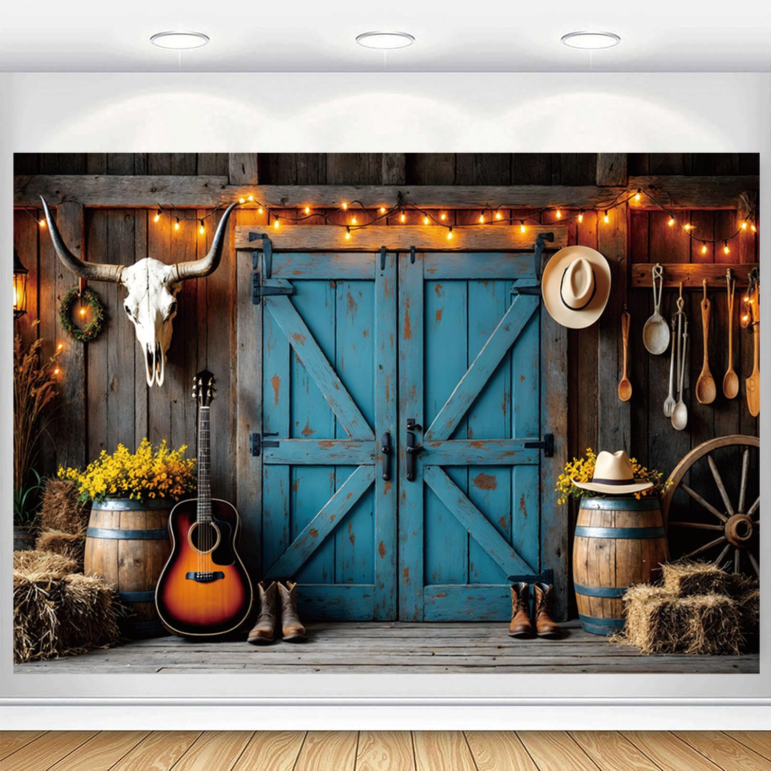 Western Cowboy Backdrop Decorations Wild West Country Farm Rustic Blue Barn Door Saloon Background Rodeo Banner Photoshoot Decor Supplies Photo Props