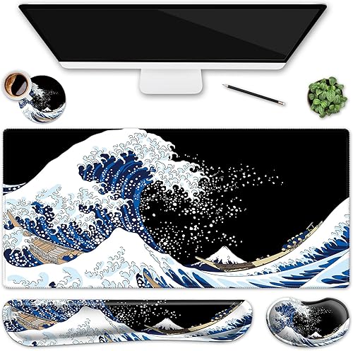 Juego de alfombrillas de mouse para teclado, alfombrilla de mouse grande para juegos + reposamuñecas para teclado + juego de posavasos, 4