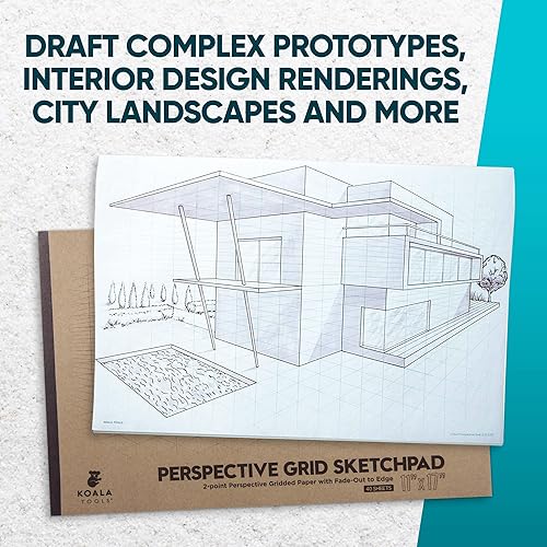 Miniatura 9 de Koala Tools - Bloc de dibujo de 40 páginas para perspectiva de 2 puntos, bloc de bocetos de cuadrícula de habitación con diseño de paredes virtuales
