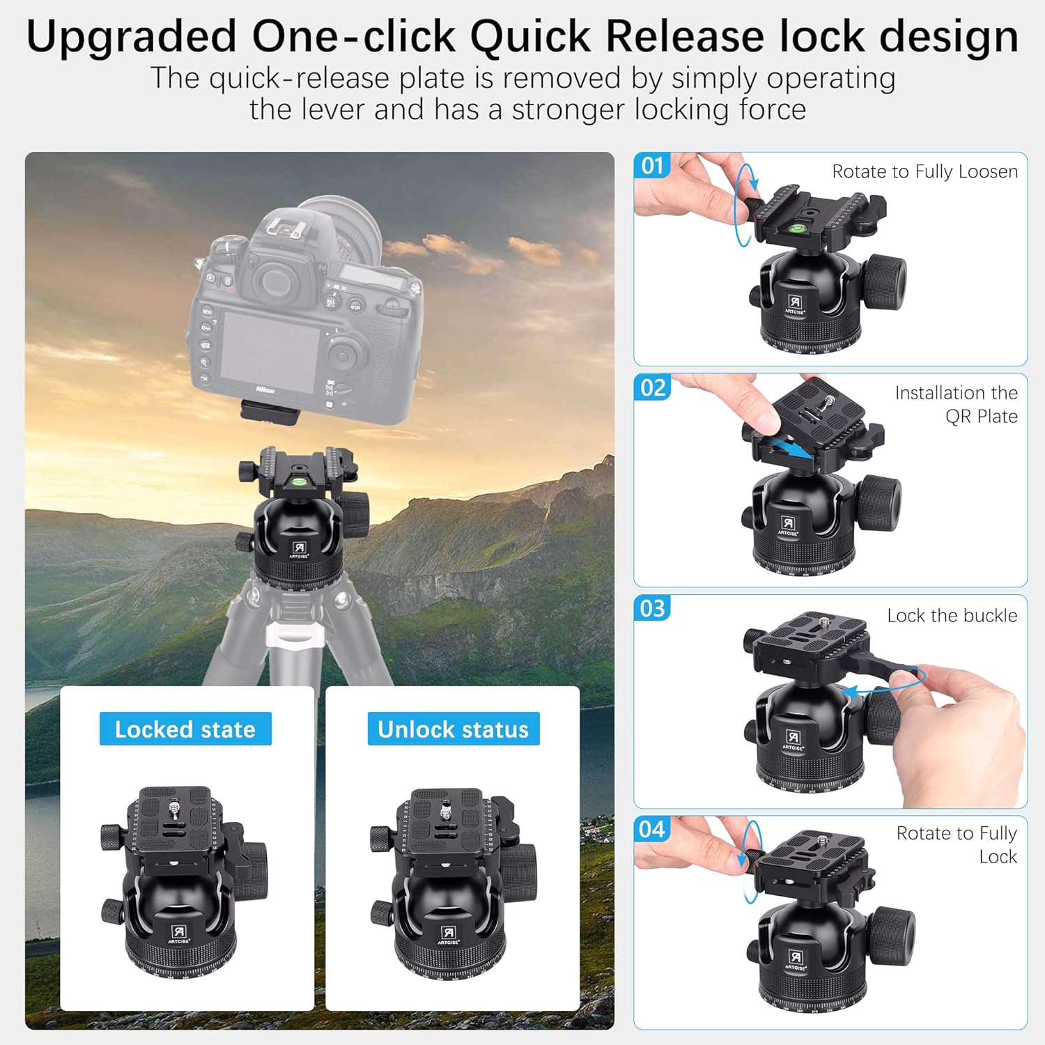 ARTCISE KB55BF 55mm Low Profile Ball Head with Lever Release, CNC Metal Panoramic Tripod Head with Two Arca Swiss Quick Release Plate, Heavy Duty Camera Mount Max Load 88lbs/40kg