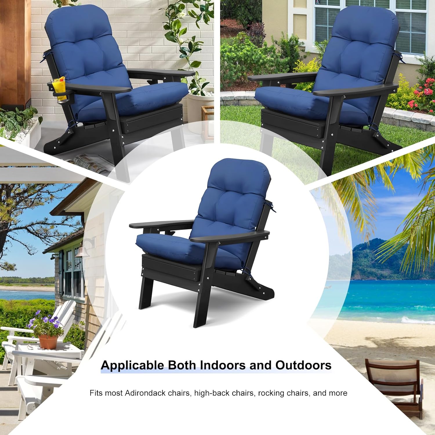 Skypatio Adirondack Chair Cushions Set of 2, Thickened Waterproof Outdoor Patio High Back Rocking Lawn Chair Cushions, Navy Blue