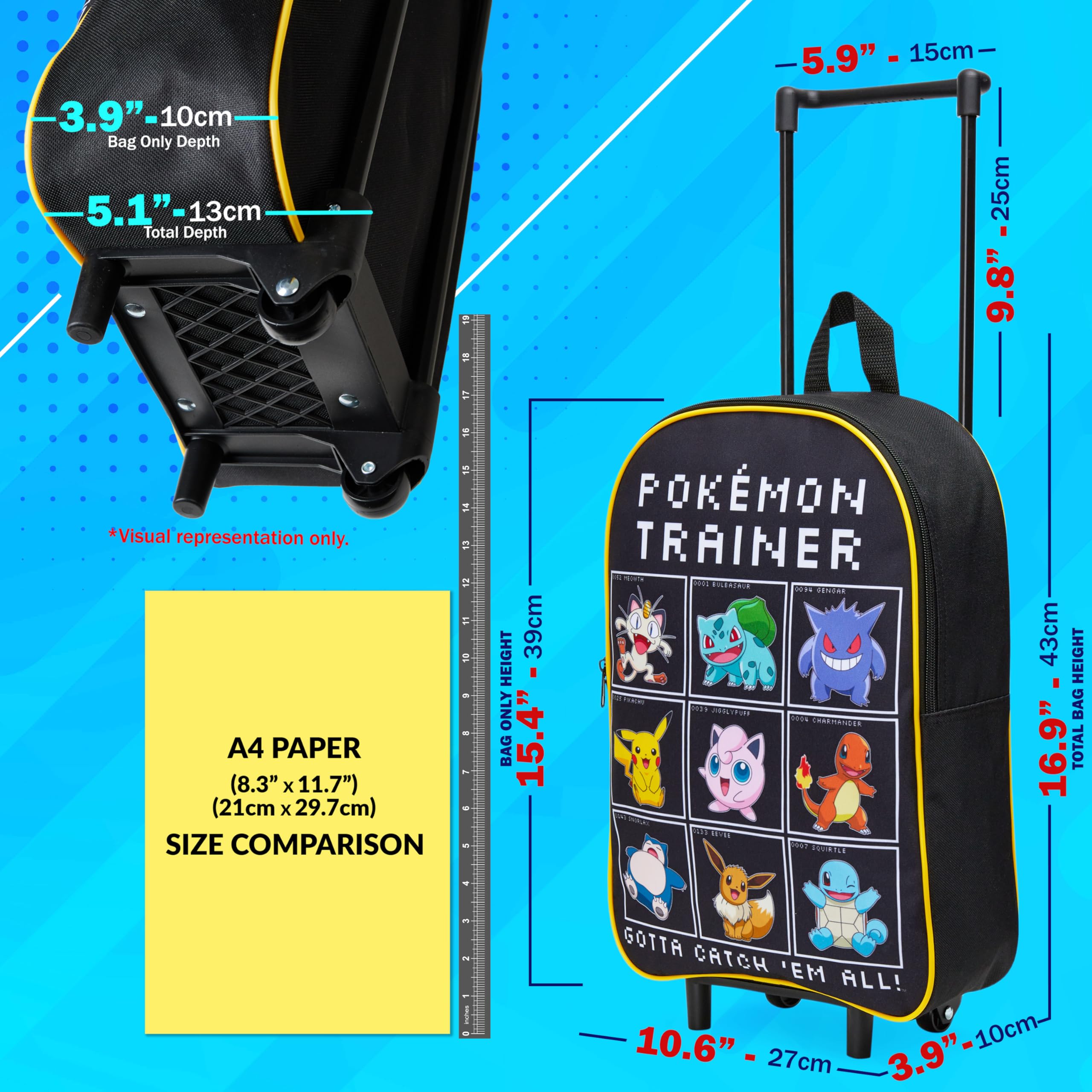 Pokémon Bagages Enfant, Petite Valise Enfant 39x27cm, 10.5L, 2 roulettes, Noir, Fermeture Zippée (Noir/Multi)