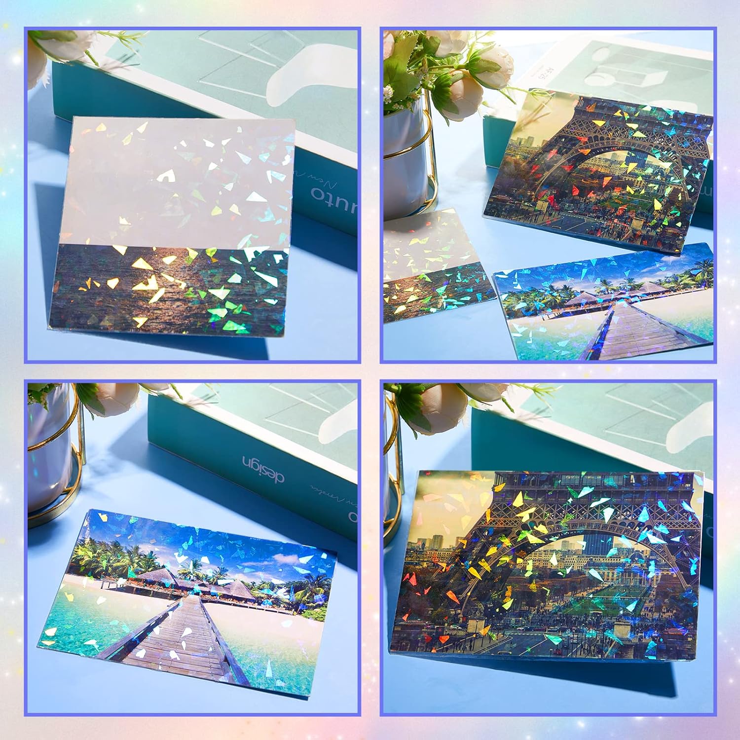 60 Sheets Holographic Laminate Sheets Clear Glitter A4 Size Vinyl Sticker Paper Holographic Overlay Self Adhesive Waterproof Transparent Film, 11.7 x 8.3 Inch (Broken Grass)