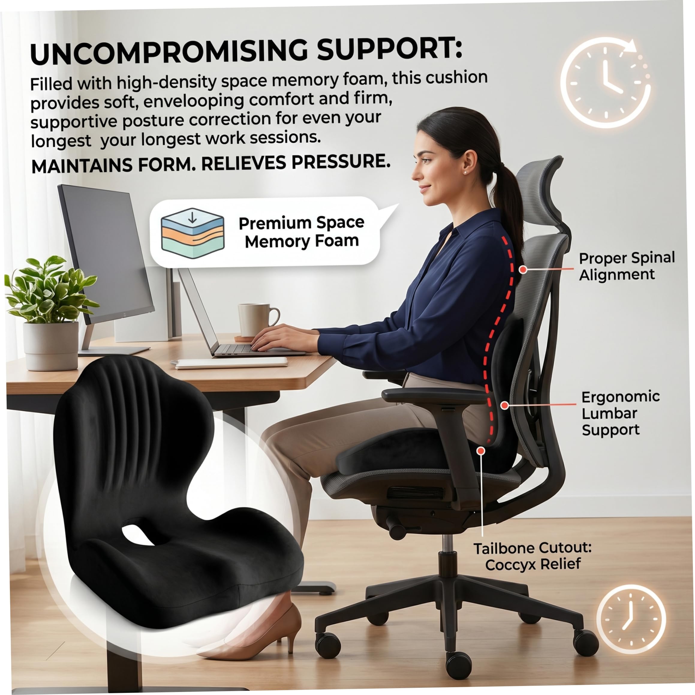 Cuscini per sedile posteriore, cuscino ortopedico, cuscino per sedile ergonomico in memory foam a forma di L con cavità nel coccige, cuscini per sedia da ufficio per comfort lombare e posteriore, ner