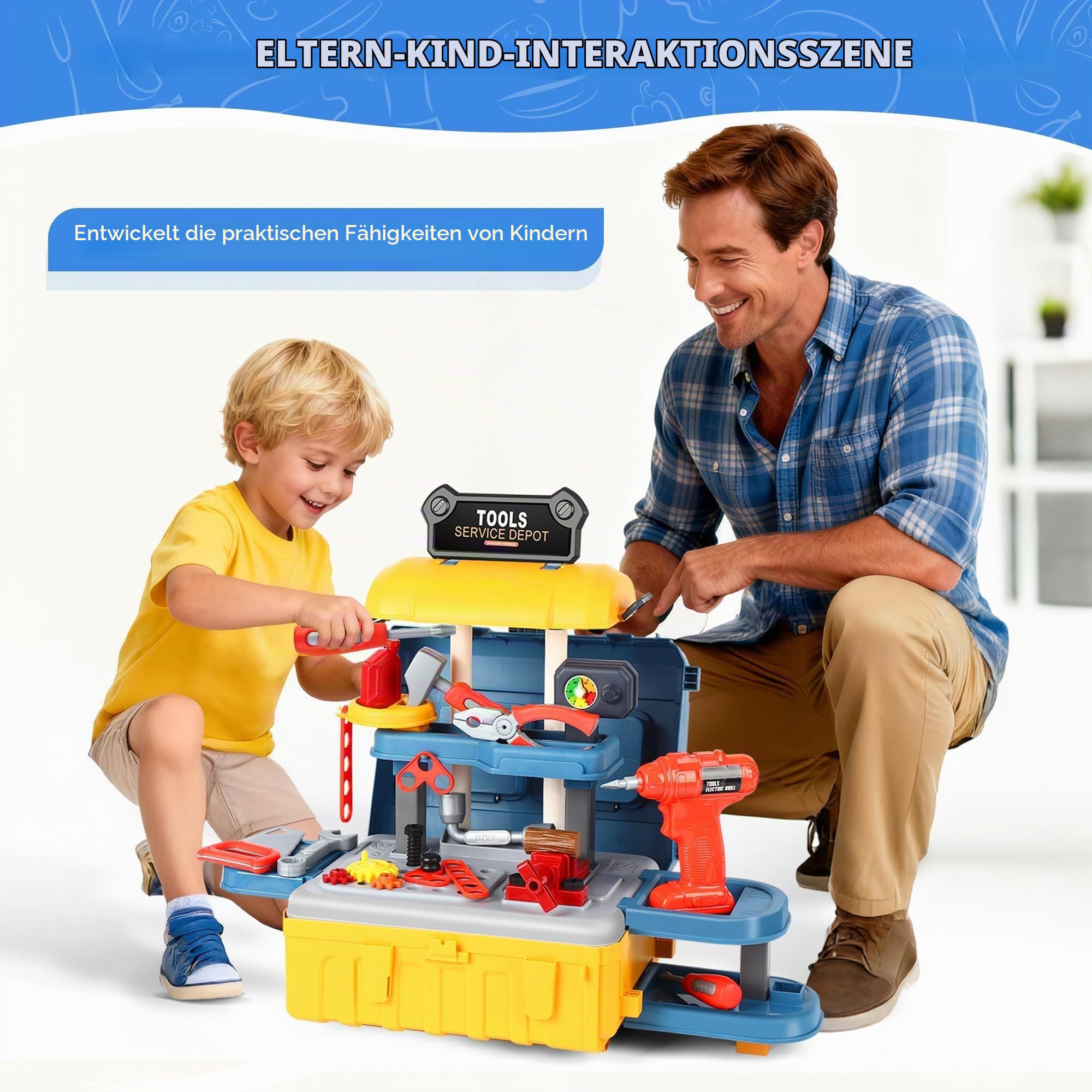 3 in 1 Werkzeugkoffer Werkbank Kinder, 46 Stück Werkzeug Set Kinder mit Elektrische Spielzeug Bohrmaschine, Rollenspiel Spielzeug Lernspiel Geschenk ab 3 4 5 6 7 Jahre Jungen MäDchen