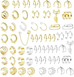 Dochais 52PCS Non-Piercing Ear Cuffs Helix Cartilage Clip-On Wrap Earrings Set Gold Silver for Women Men