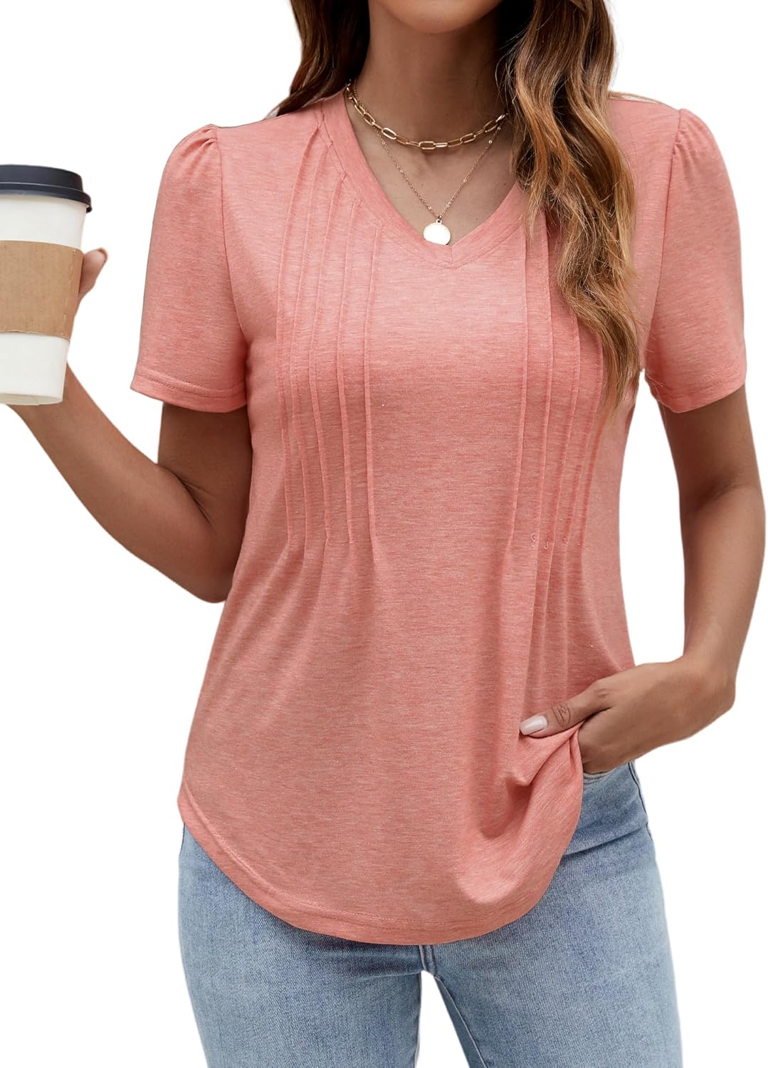 (Size L) Anbech Women's V Neck T Shirts Pleated Casual Plain Tops Short Sleeve Summer Blouses Orange Pink Medium