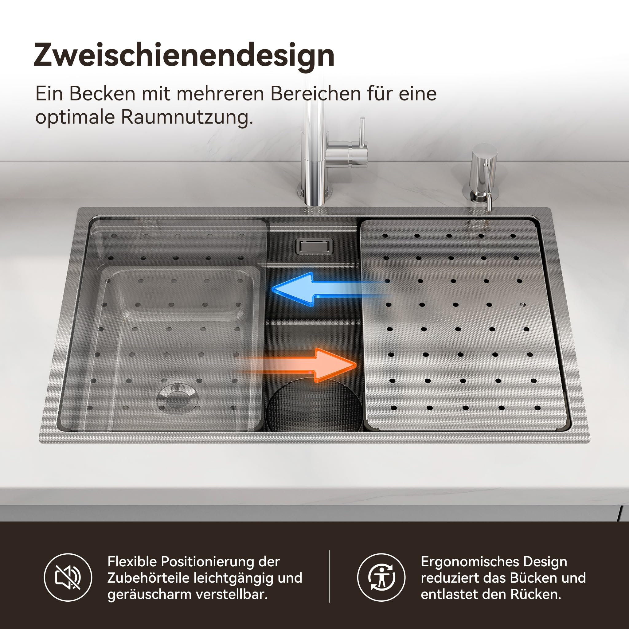 HOROW Spülbecken Edelstahl Multifunktionale 70 × 45 cm mit Siphon Set | Küchenspüle inkl. Schneidebrett und Ersatz-Innenspüle, Großes Fassungsvermögen, ideal für die Familienküche, Schmutzabweisend