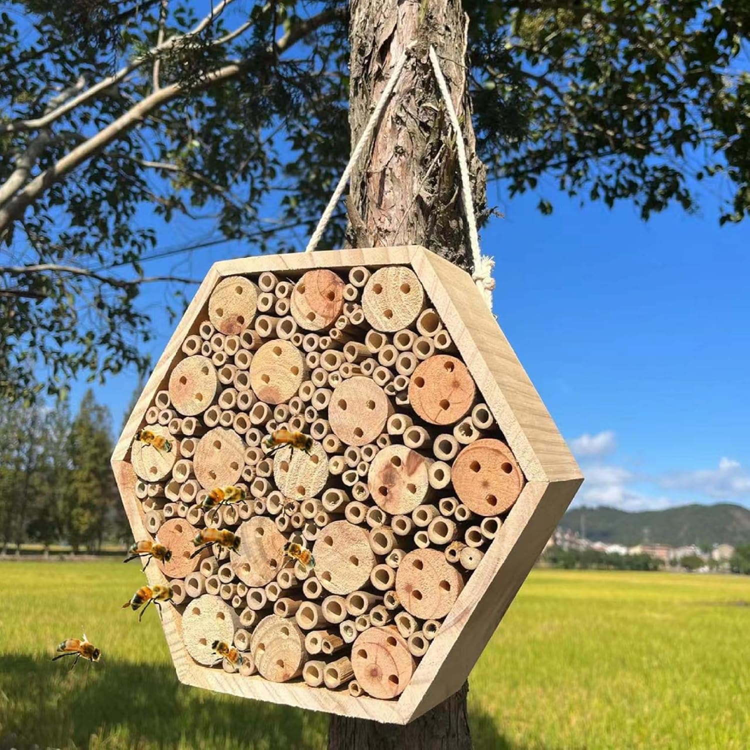Hexagon Wooden Bee House for Garden - Natural Hotel with Hanging Rope, Mason Bee House for Outdoor to Attract Pollinators, Bug Hotel Garden Decoration
