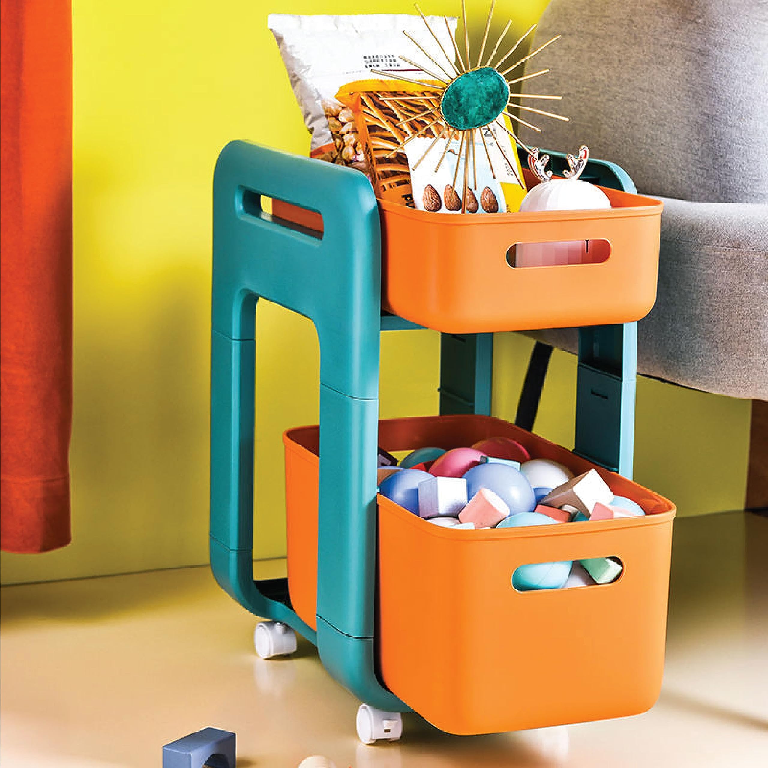 HomeStrap Wheels Of Wonder Multipurpose Space Saving Shelf Stand / 2 Layer Modular Drawer (Orange)-image-23