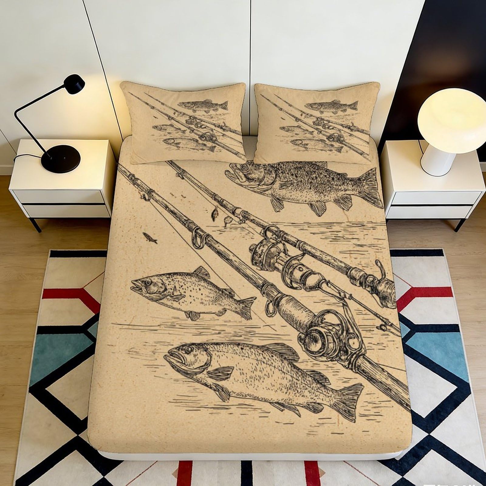 3D Printed Fishing Rod Fish Fitted Sheet Microfiber Soft Breathable Artistic Bed Cover for Bedroom Dorm Mattress Decor 90x200x25cm