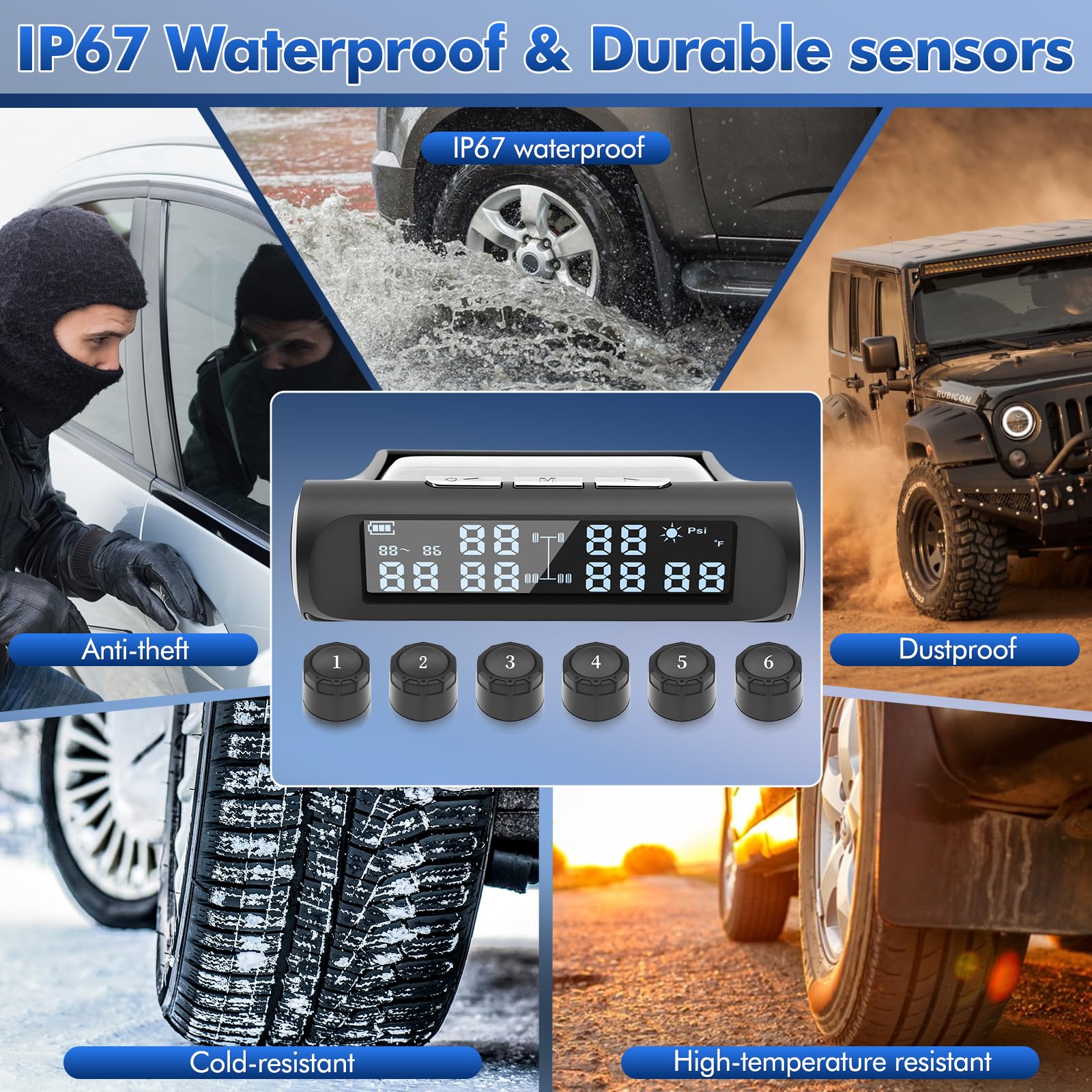 TPMS 9,9bar(144psi) Sistema di Controllo della Pressione dei Pneumatici con 6 Sensori Esterni, Ricarica Solare e USB, 6 Gomme modalità di Allarme per Camion, Roulotte