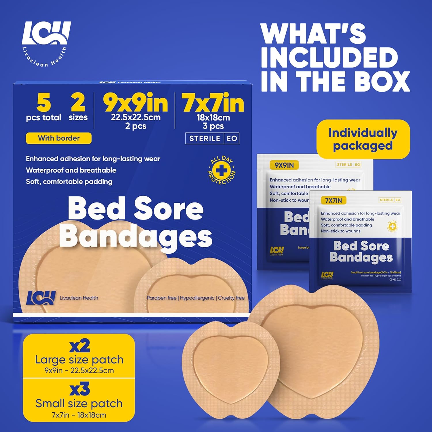 5 CT Mixed Bed Sore Bandages - 7"x7" & 9"x9" Waterproof Sacral Foam Dressing for Pressure Sores - Sterile Silicone Bandages for Wounds - Bed Sore Protectors - Image 2