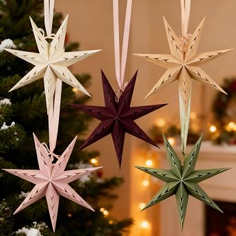 EASY JOY Fluffy 3D Plush Star Ornaments Multicoloured Hanging Folded Stars 9-Pronged Design for Christmas Trees Holidays Parties and Home Decor Set of 5