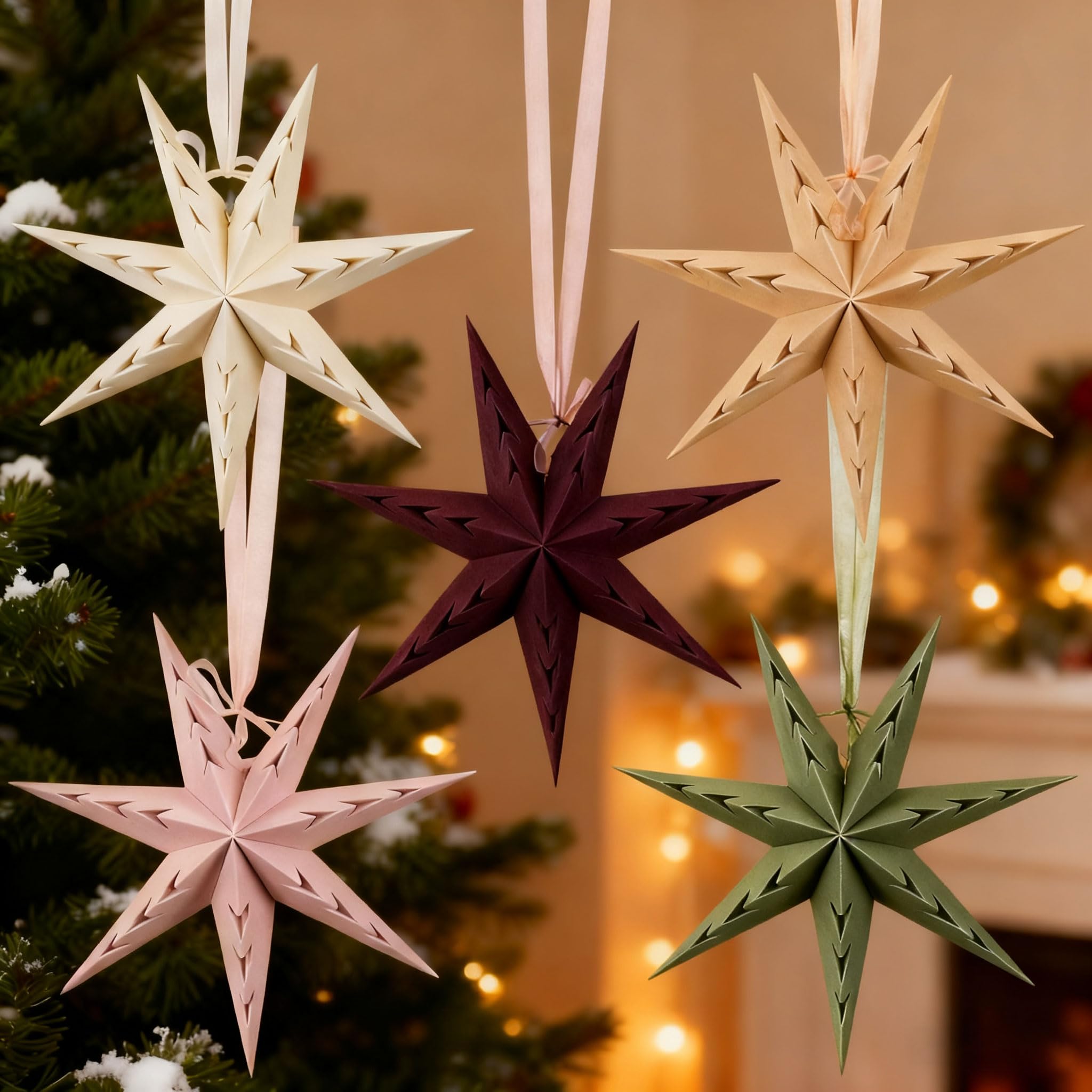 SUNBEAUTY Christmas Party 5Pcs Flocking Stars, 3D Star 7 Pointed 12 Inch Hanging Stars Lanterns Christma Hanging Lamp Decorations for Xmas Tree Wall Fireplace Tree Window Door Ceiling Decor