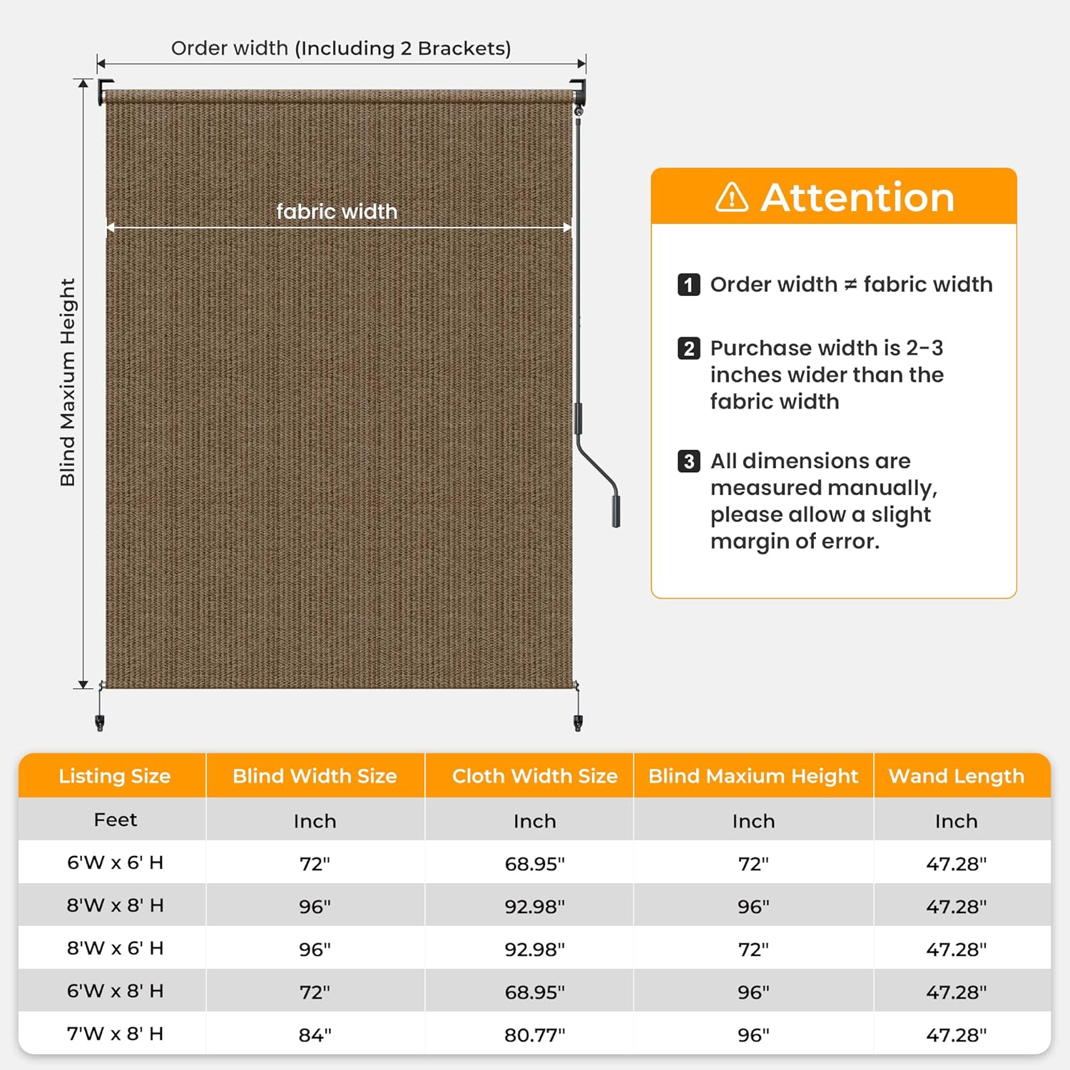 HOMEDEMO Outdoor Roller Shades for Patio, 4'W x 8' H Roll up Shade for Outside, Sun Roller Shade Cloth Roll Blinds Cordless Waterproof for Porch Gazebo Pergola Balcony Backyard Mocha