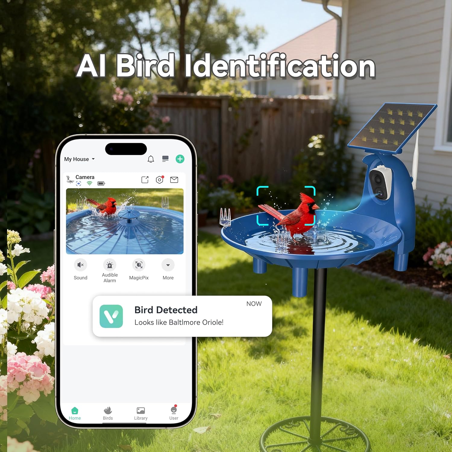 LongPlus Bird Baths Fountain Outside：Bird Bath with 2K Camera, Solar Powered Outdoor Birdbath with Color Night Vision Camera, AI Bird Identification, Ideal Gift for Nature Lover, Parent, Friend