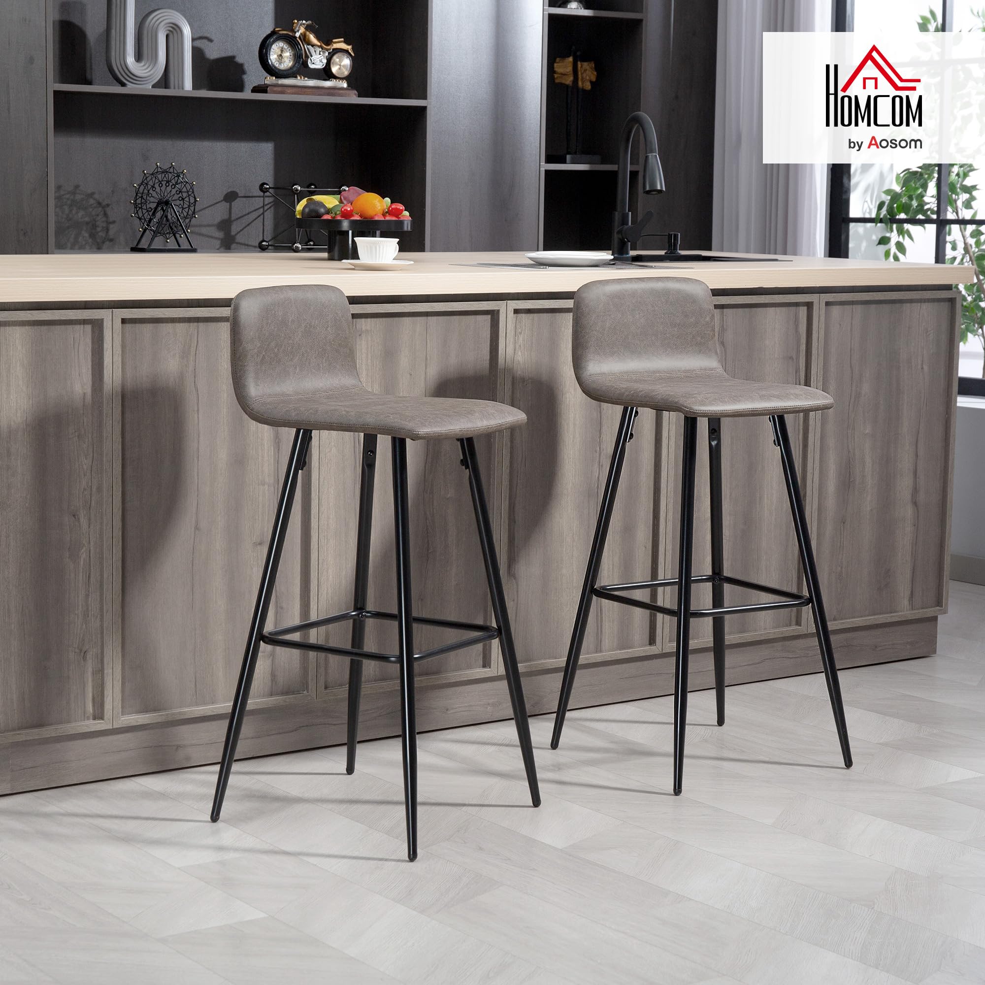 HOMCOM Set 2 Sgabelli da Bar a Conchiglia con Poggiapiedi, in Tessuto Effetto Ciniglia, 48x50x94-115 cm, Nero e Beige | Aosom Italy