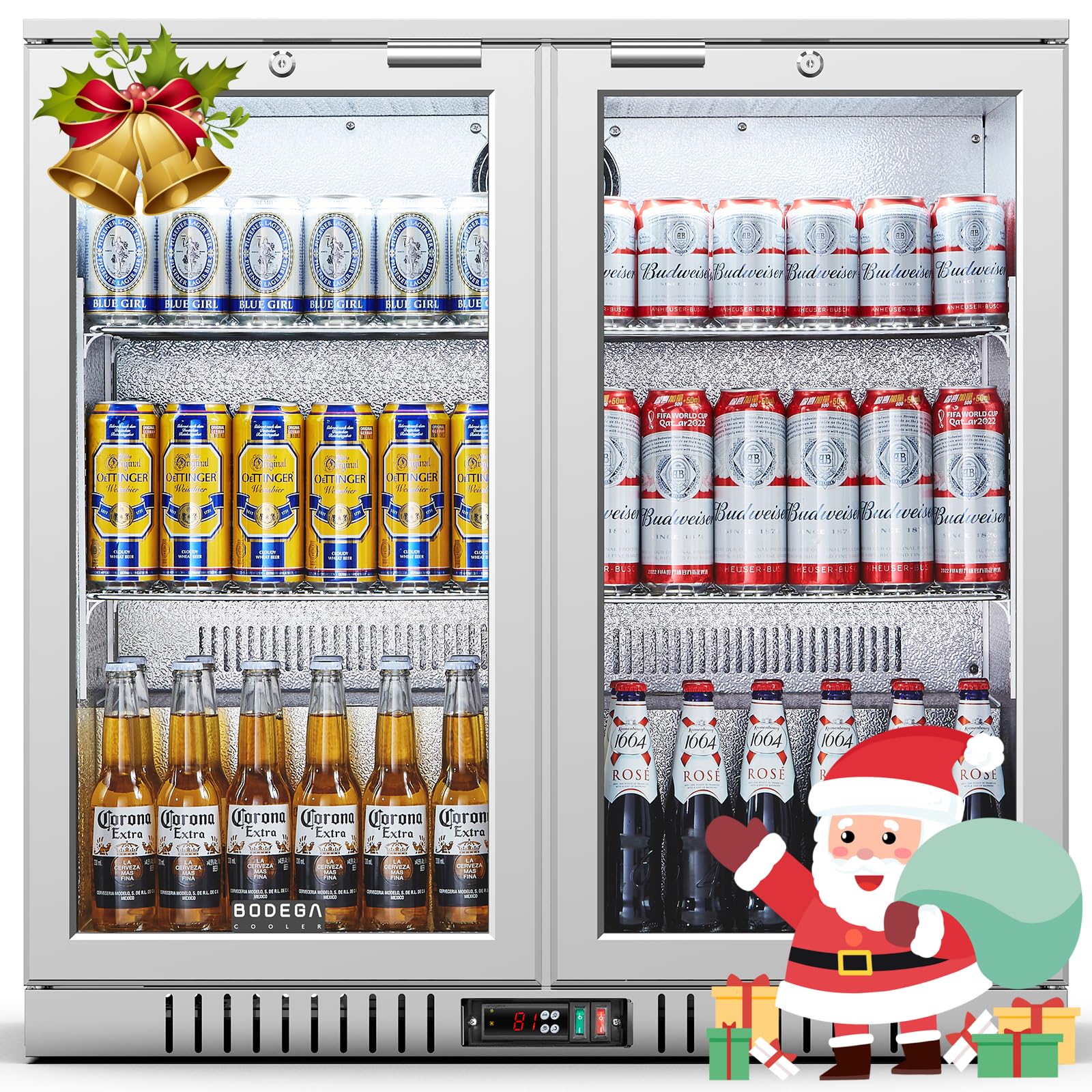 BODEGA BODEGACOOLER Back Bar Cooler With 2 Glass Doors,7.4 Cu.Ft Stainless Steel Commercial Back Bar Fridgewith LED Lighting, Counter Height Bar Beverage Cooler for Beer,Soda Drinks,Wine