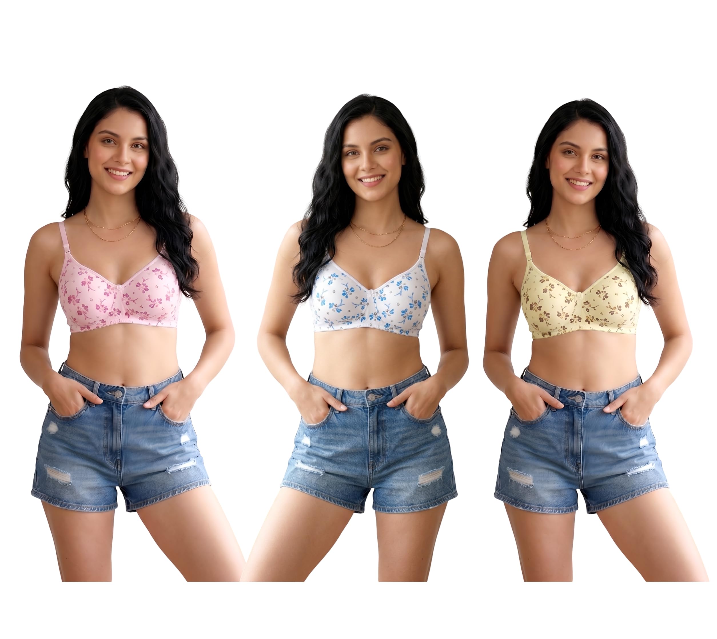 Lewiss Cotton Padded Wire Free Adjustable Straps Breathable Bralette Spandex T Shirt Bra for Women Pack of 3-picture-22